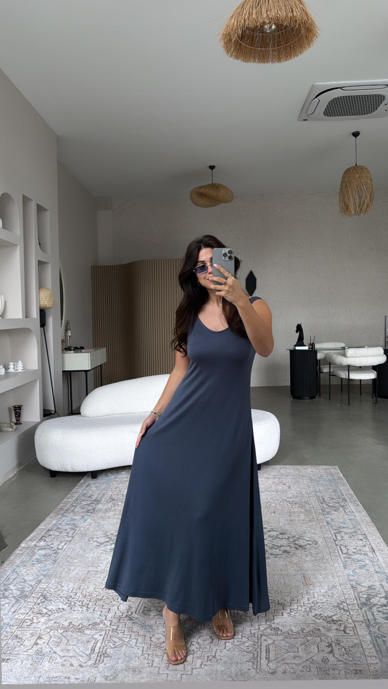 Antrasit Askıları Lastikli Pike Modal Elbise