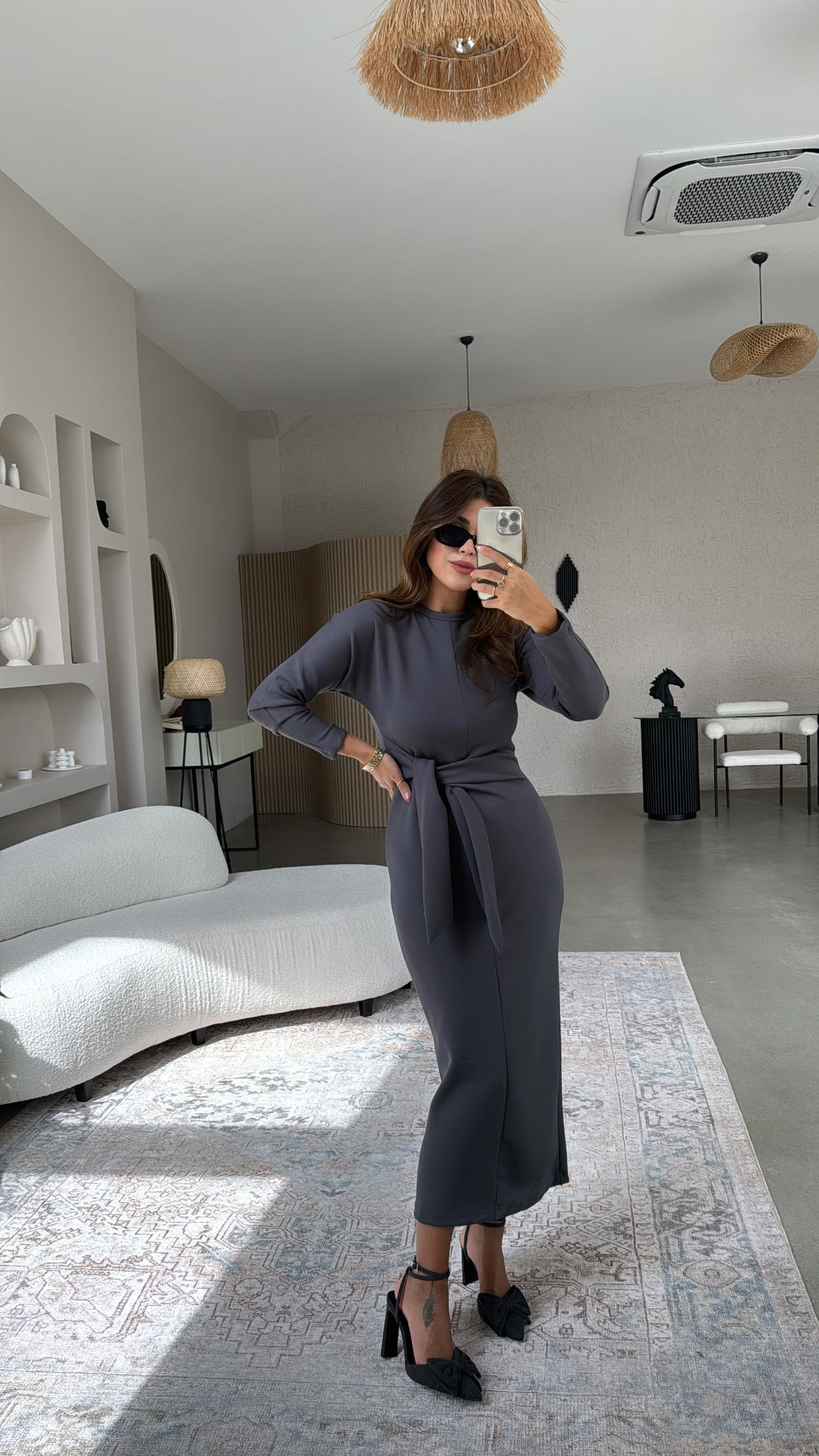 Antrasit Bağlamalı Modal Kumaş Elbise
