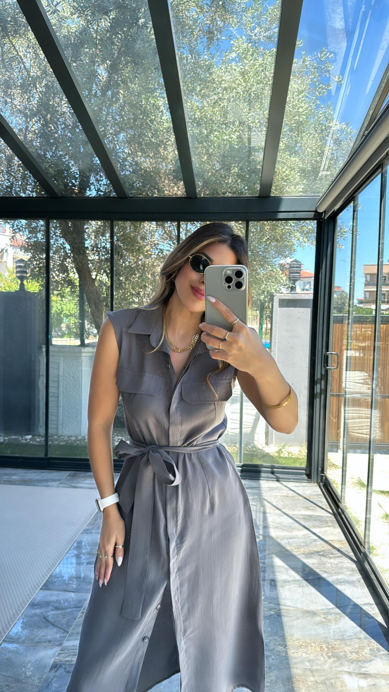 Antrasit Bağlamalı ZR Keten Elbise 