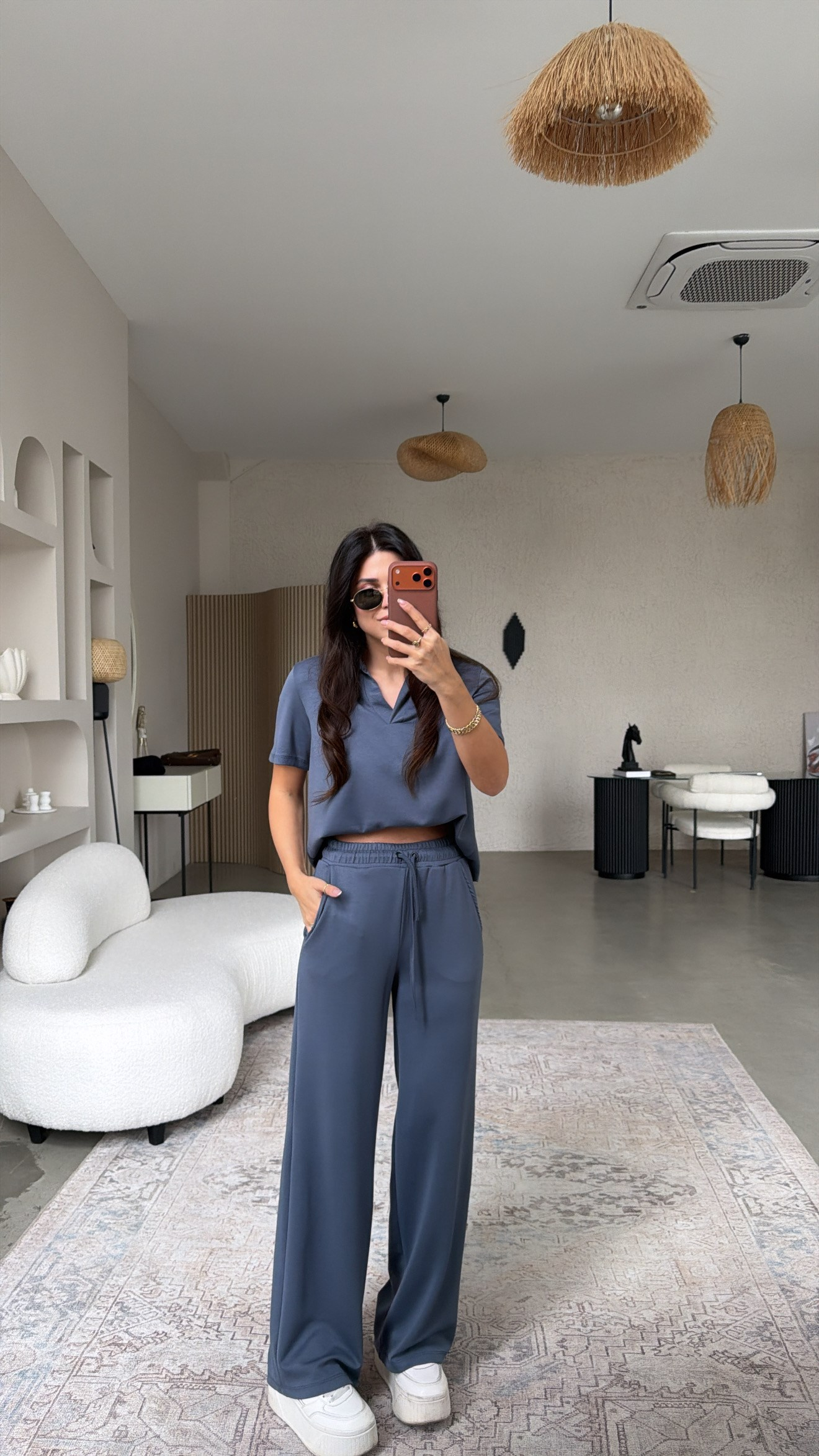 Antrasit Basic Modal Kumaş Yakalı Bol Paça Takım