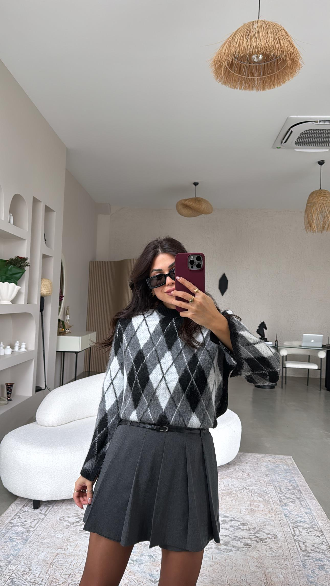 Antrasit Kemerli Pileli Şort Etek