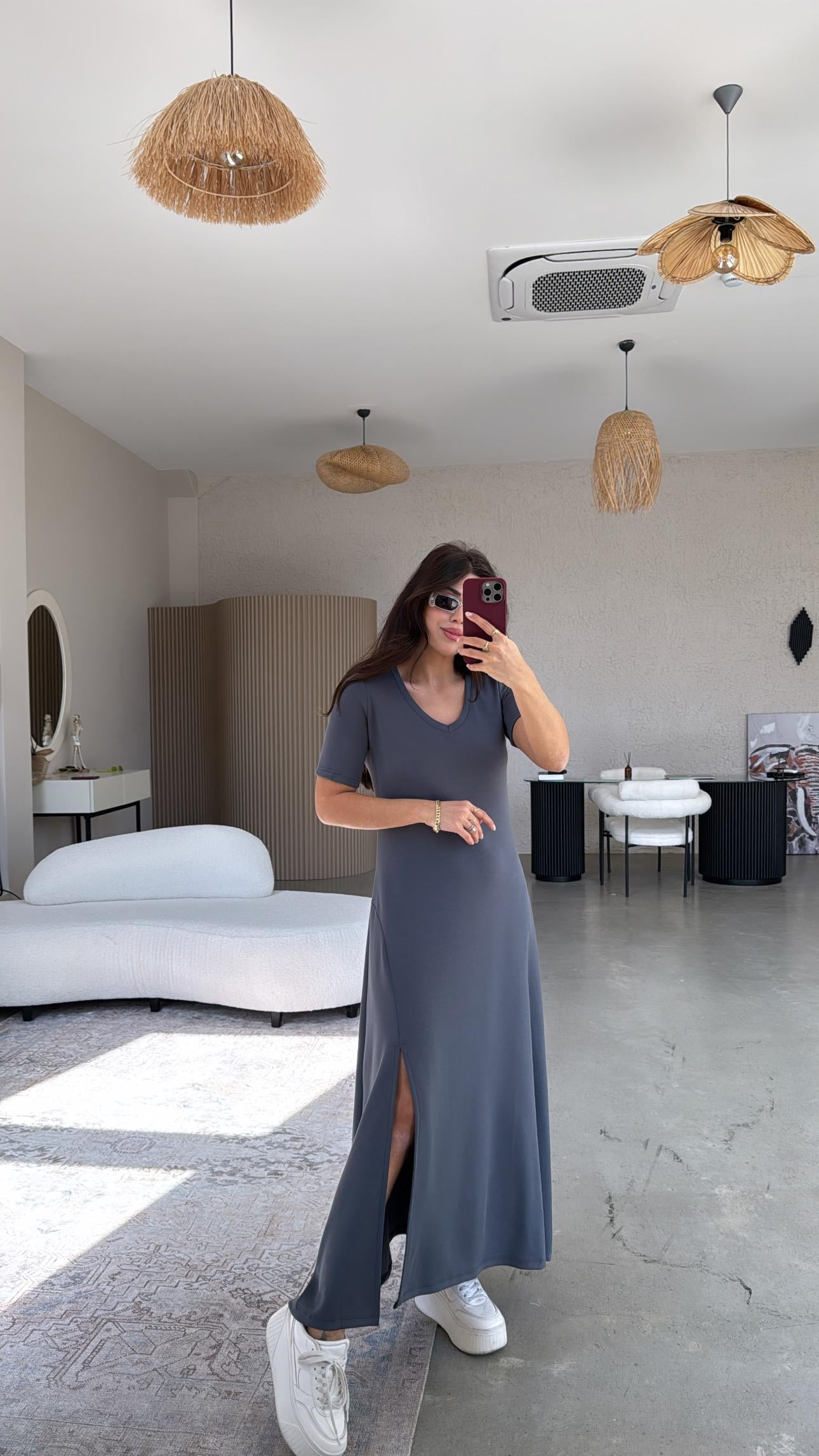 Antrasit Kısa Kollu Yırtmaçlı Özel Üretim Elbise