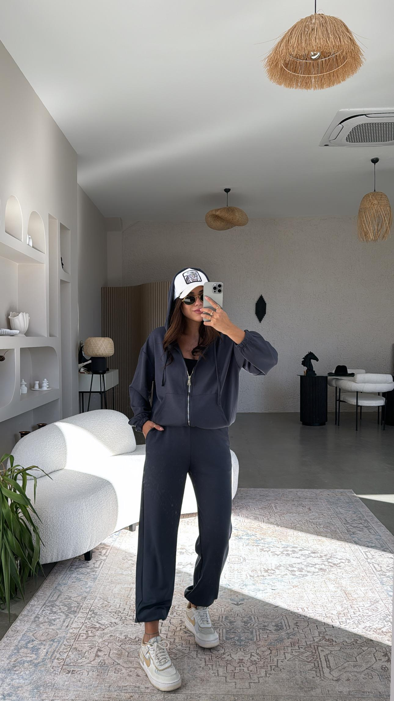 Antrasit Paça Lastikli Fermuarlı Ceketli Takım