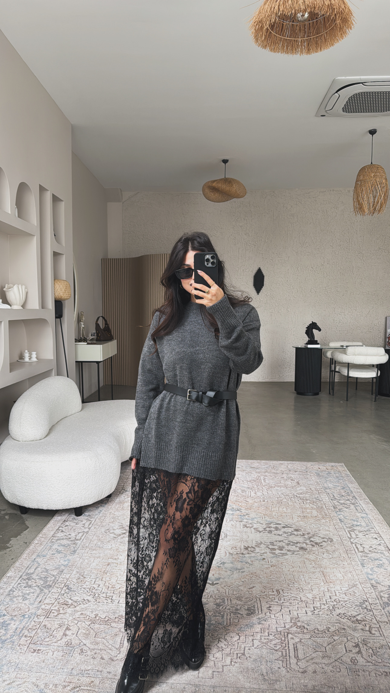 Antrasit Triko Dantelli Maxi Boy Elbise
