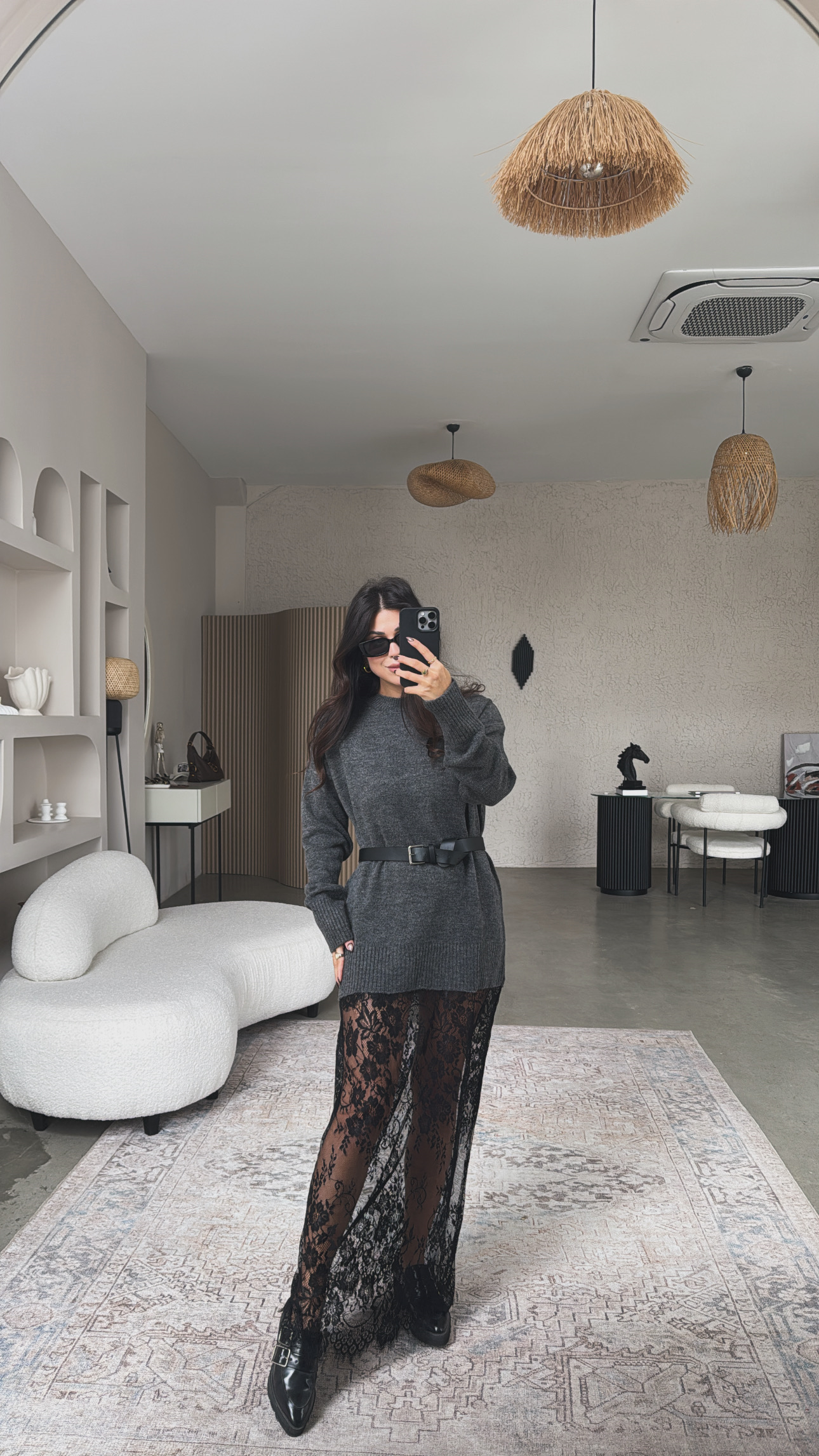 Antrasit Triko Dantelli Maxi Boy Elbise