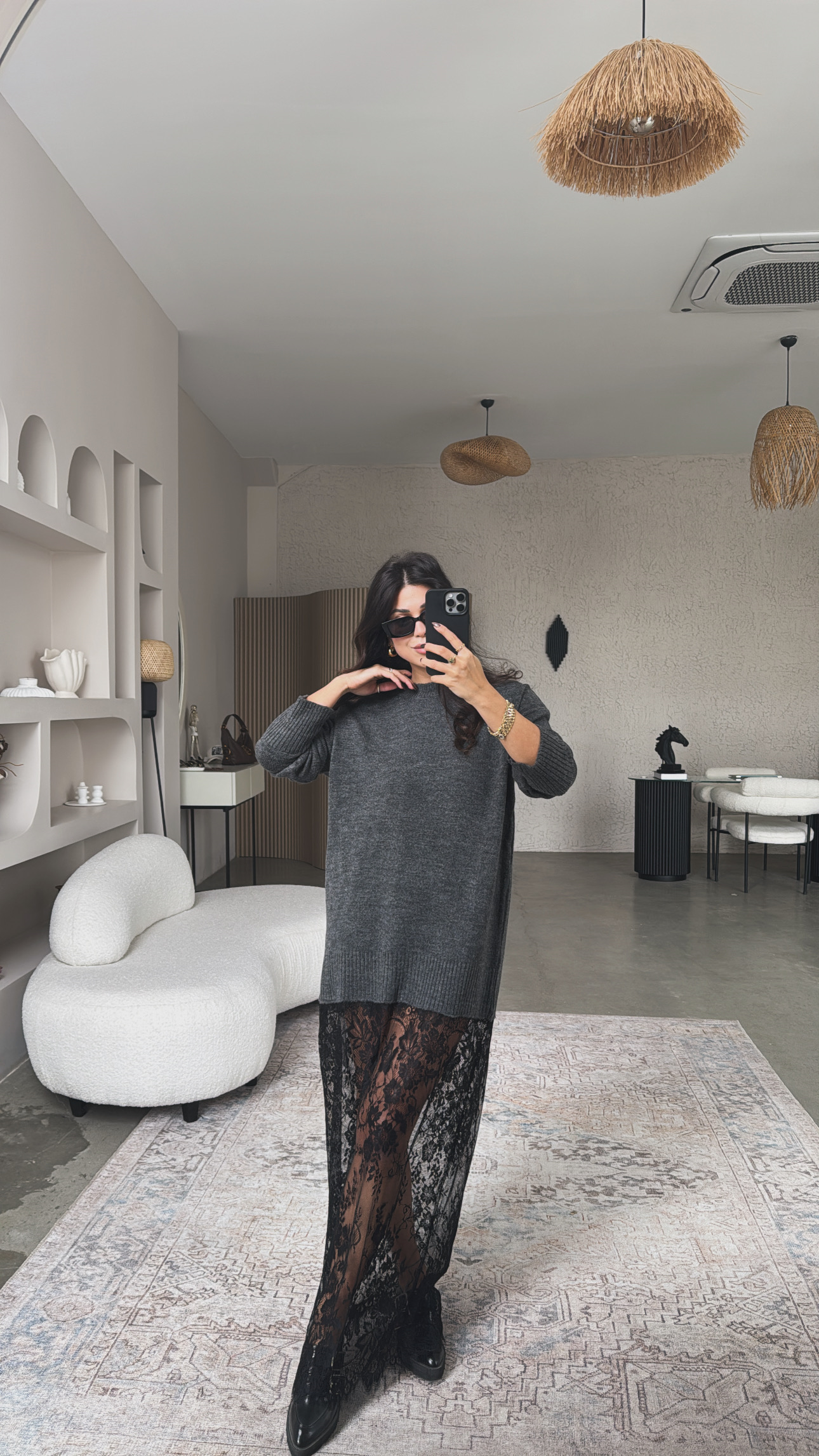 Antrasit Triko Dantelli Maxi Boy Elbise