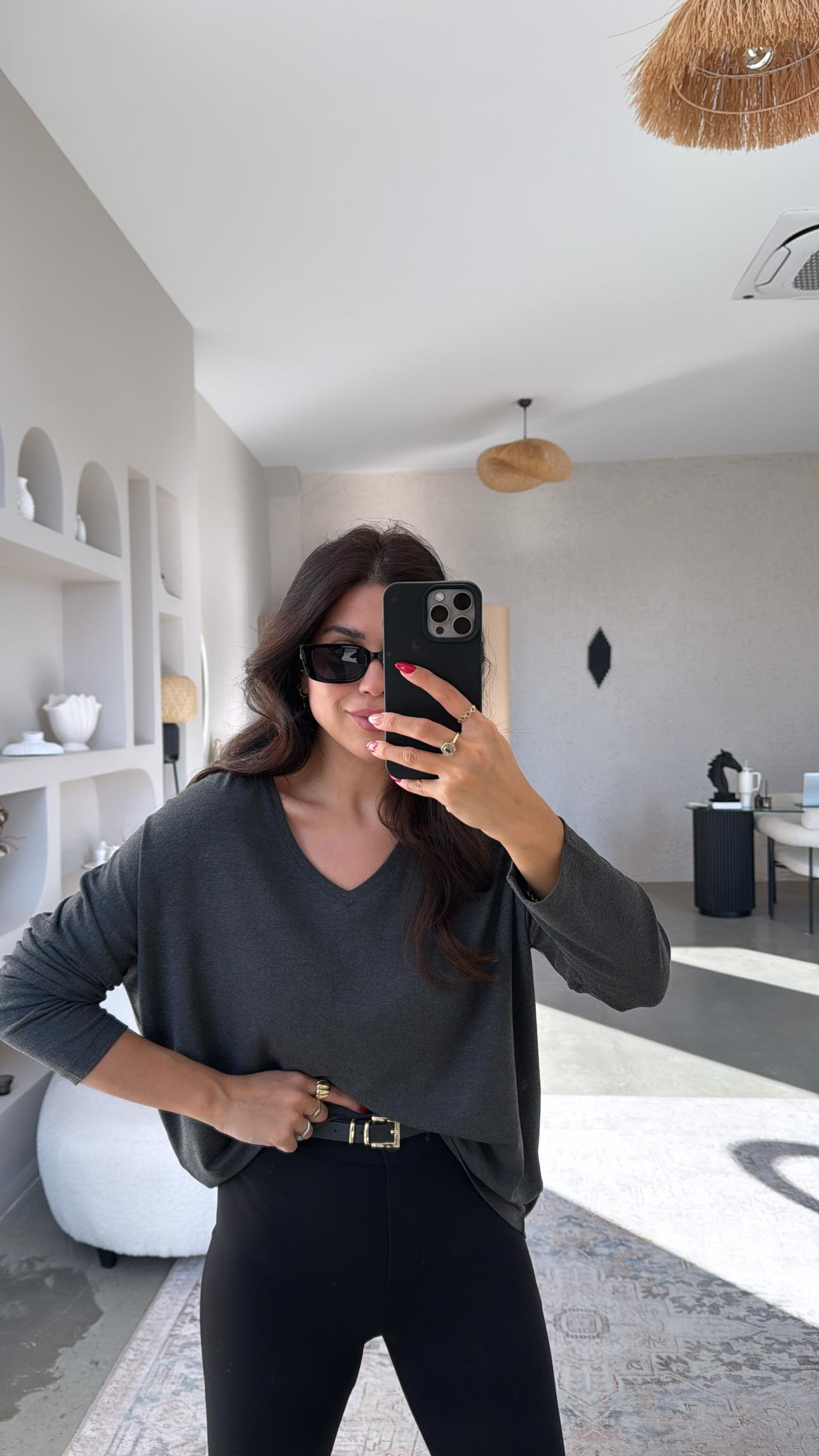 Antrasit V Yaka Basic İnce Triko Bluz