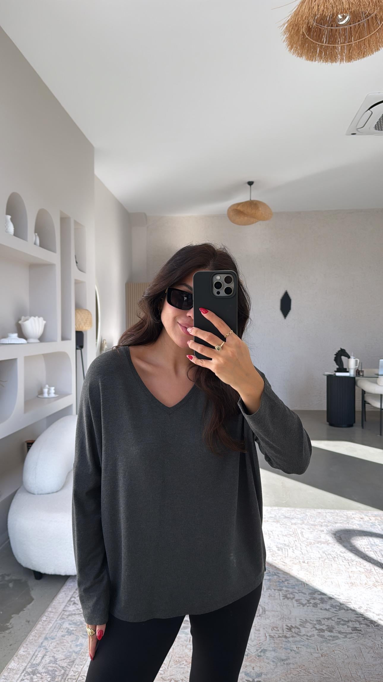 Antrasit V Yaka Basic İnce Triko Bluz