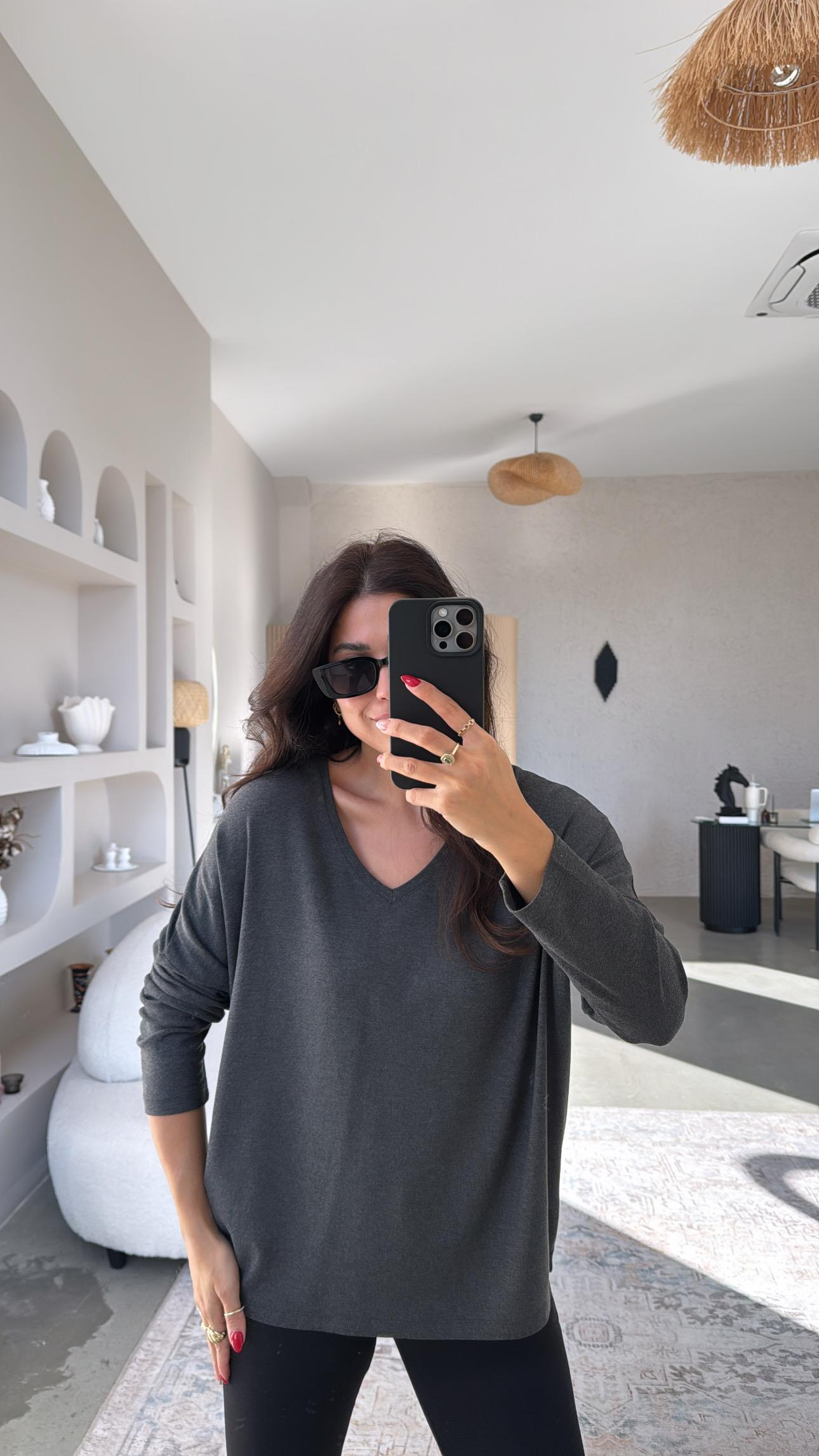 Antrasit V Yaka Basic İnce Triko Bluz