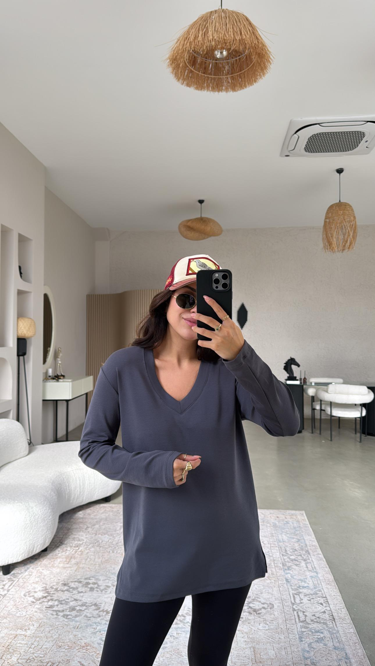 Antrasit V Yaka Uzun Kol Pamuk Basic