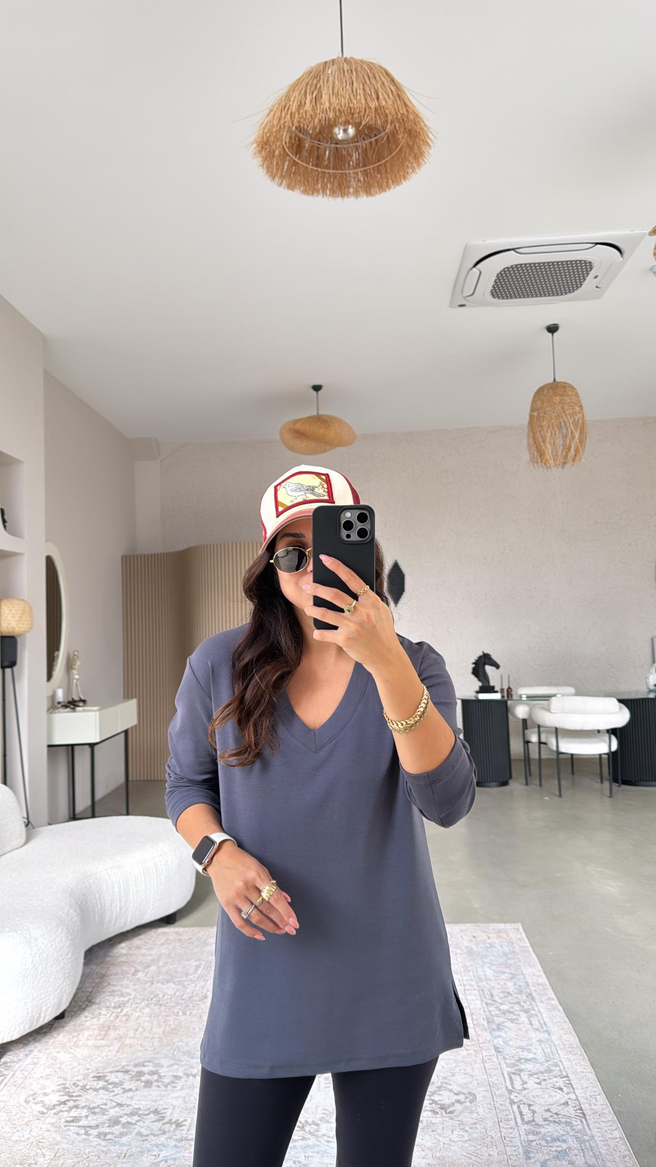 Antrasit V Yaka Uzun Kol Pamuk Basic