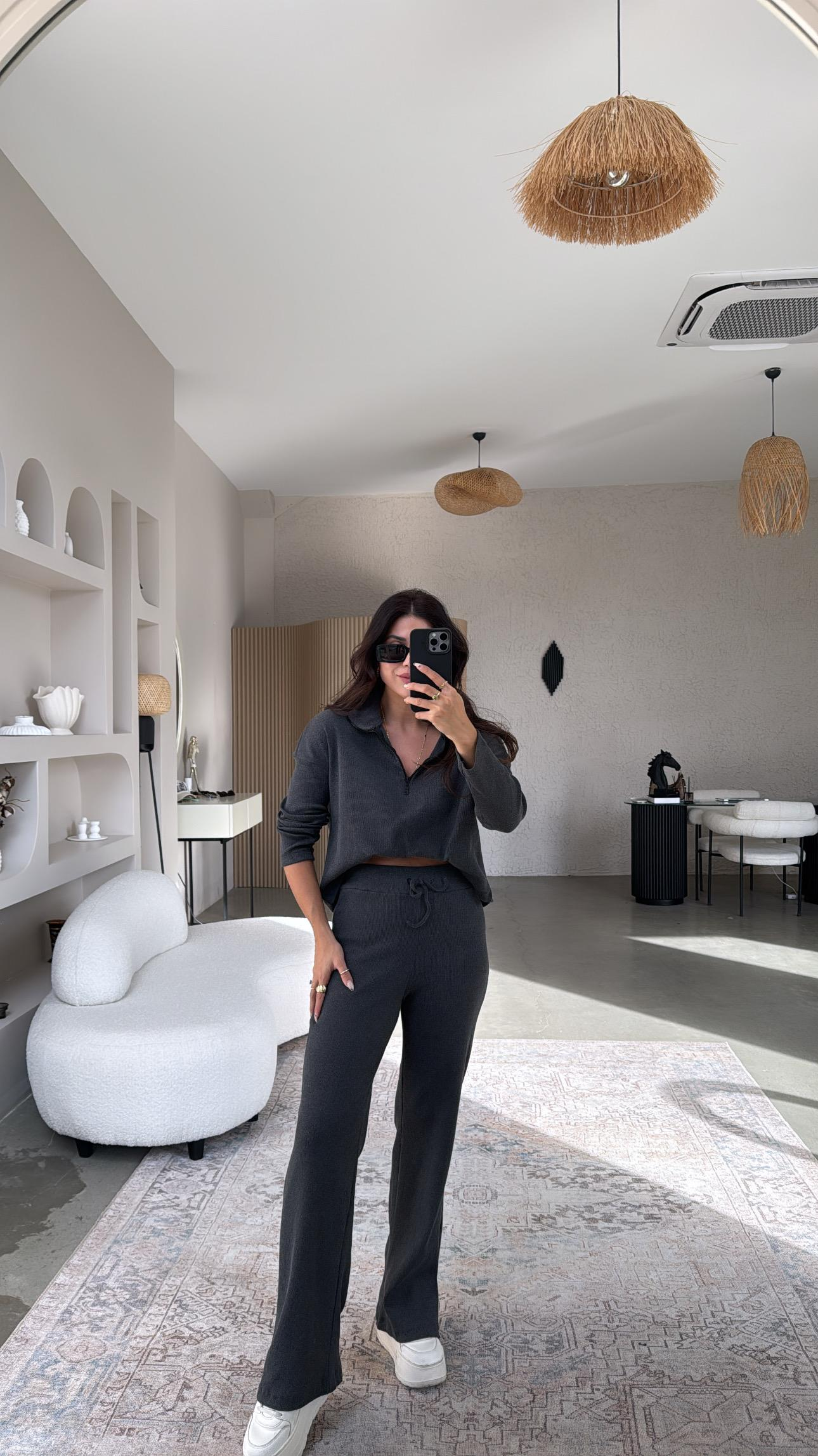 Antrasit Yarım Fermuarlı Fitilli Basic Takım