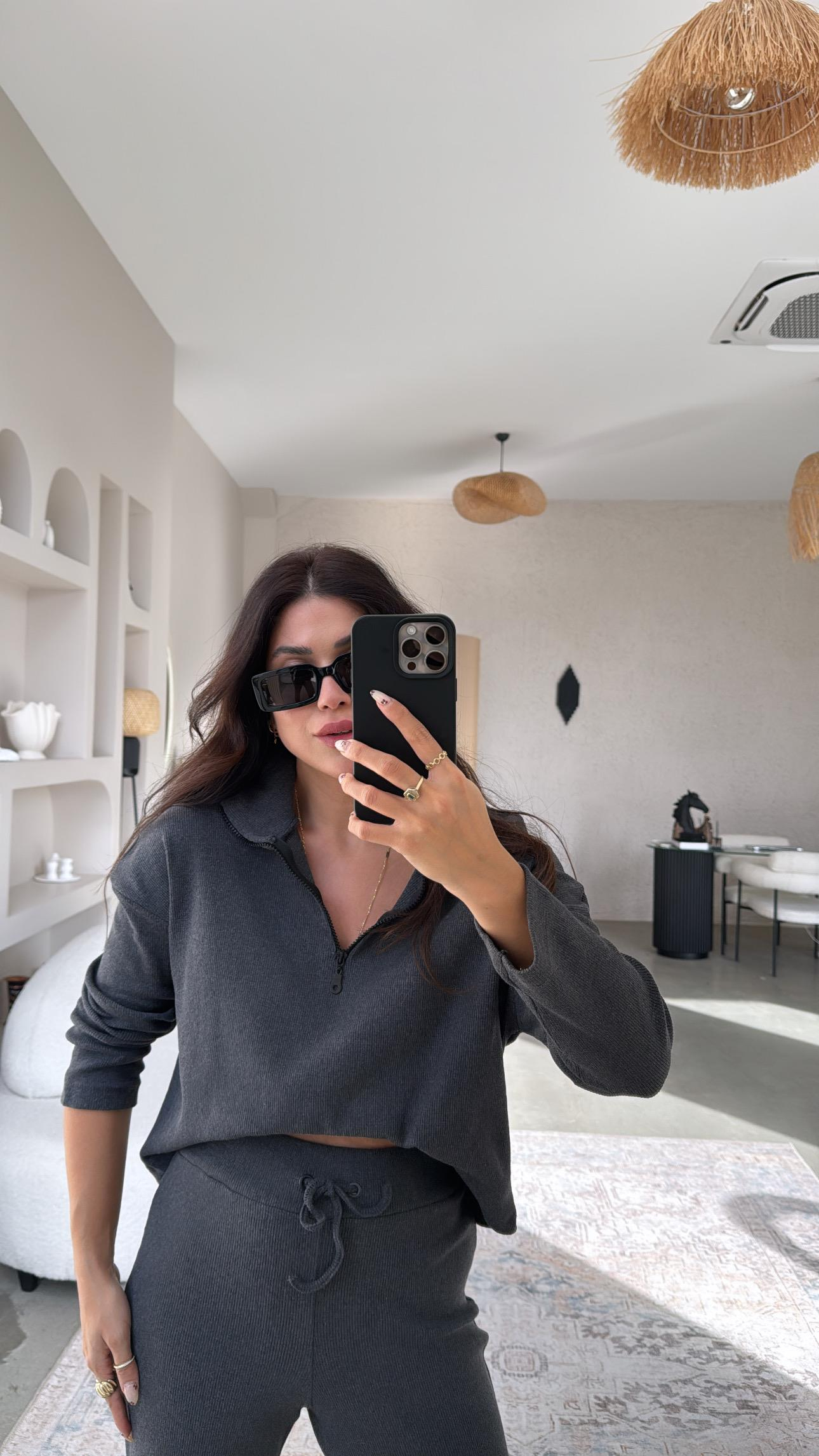 Antrasit Yarım Fermuarlı Fitilli Basic Takım