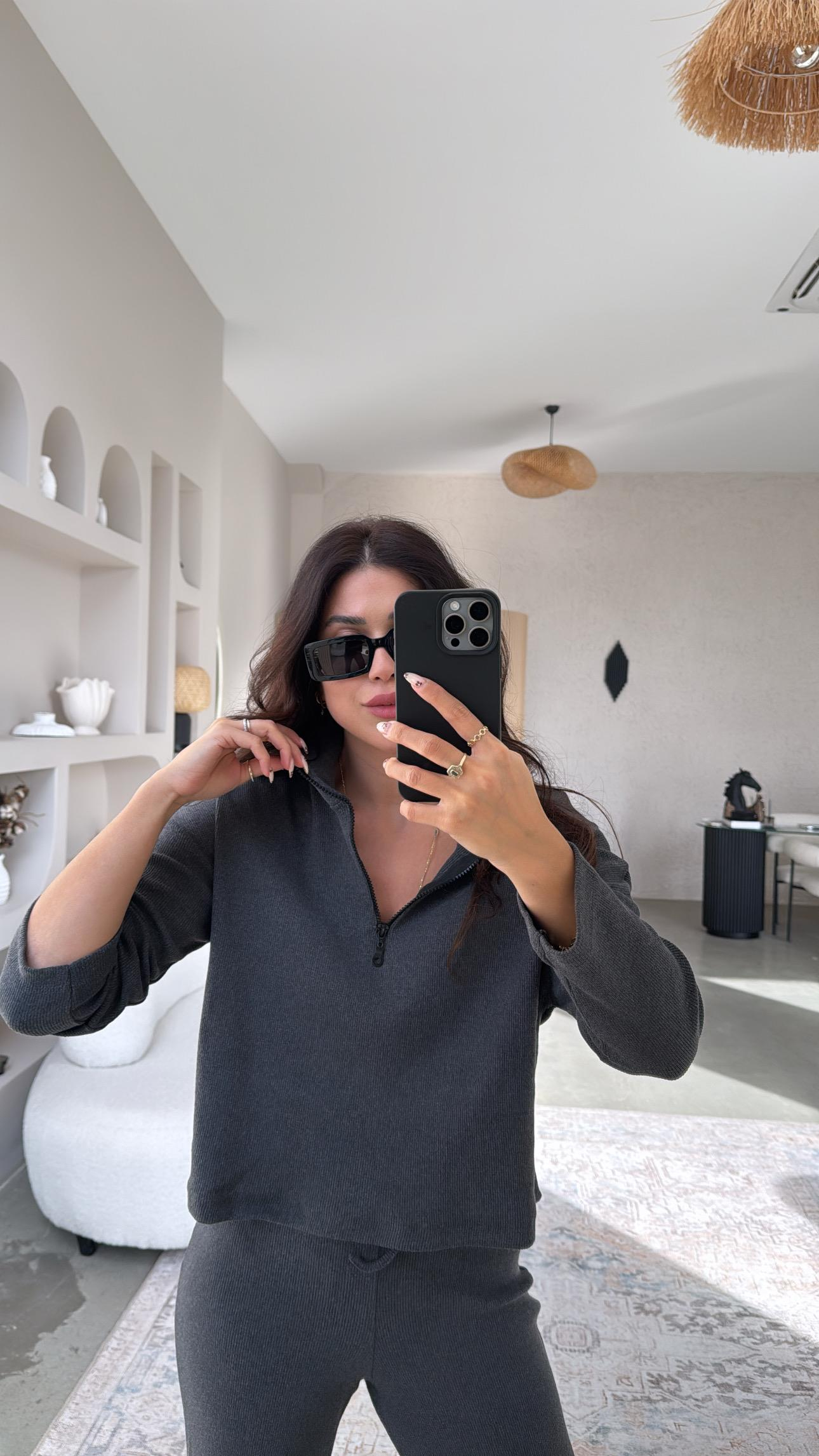 Antrasit Yarım Fermuarlı Fitilli Basic Takım