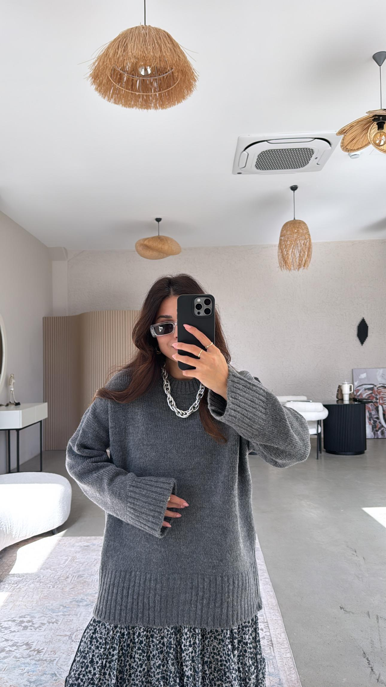 Antrasit Yumoş Bisiklet Yaka Basic Kazak