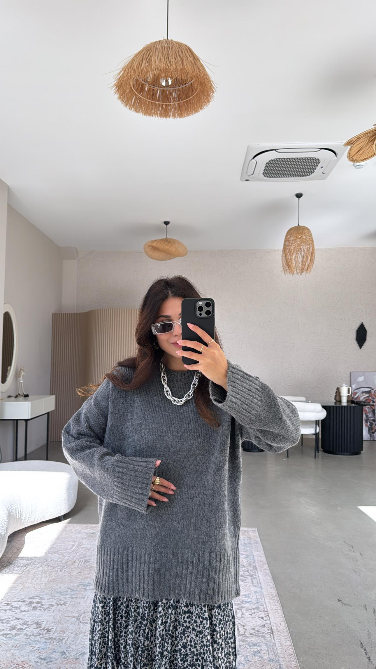 Antrasit Yumoş Bisiklet Yaka Basic Kazak