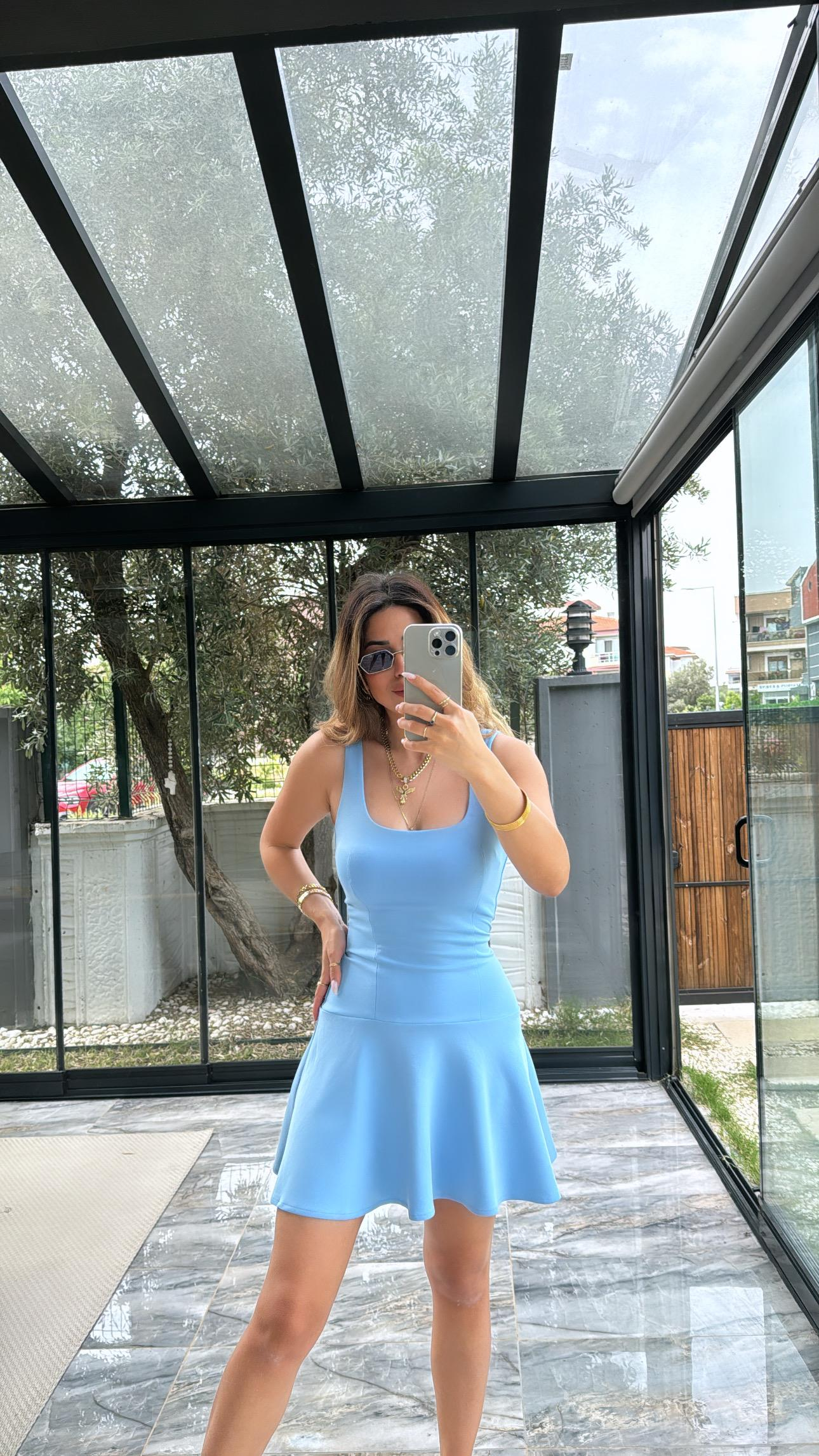 Bebe Mavi Eteği Volanlı Elbise