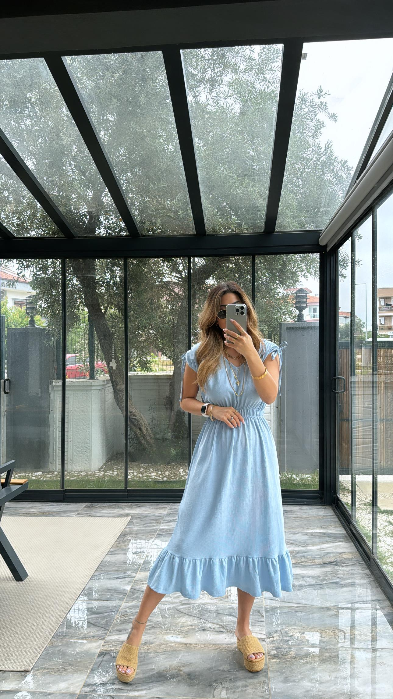 Bebe Mavi Omzu Büzgülü V Yaka Elbise