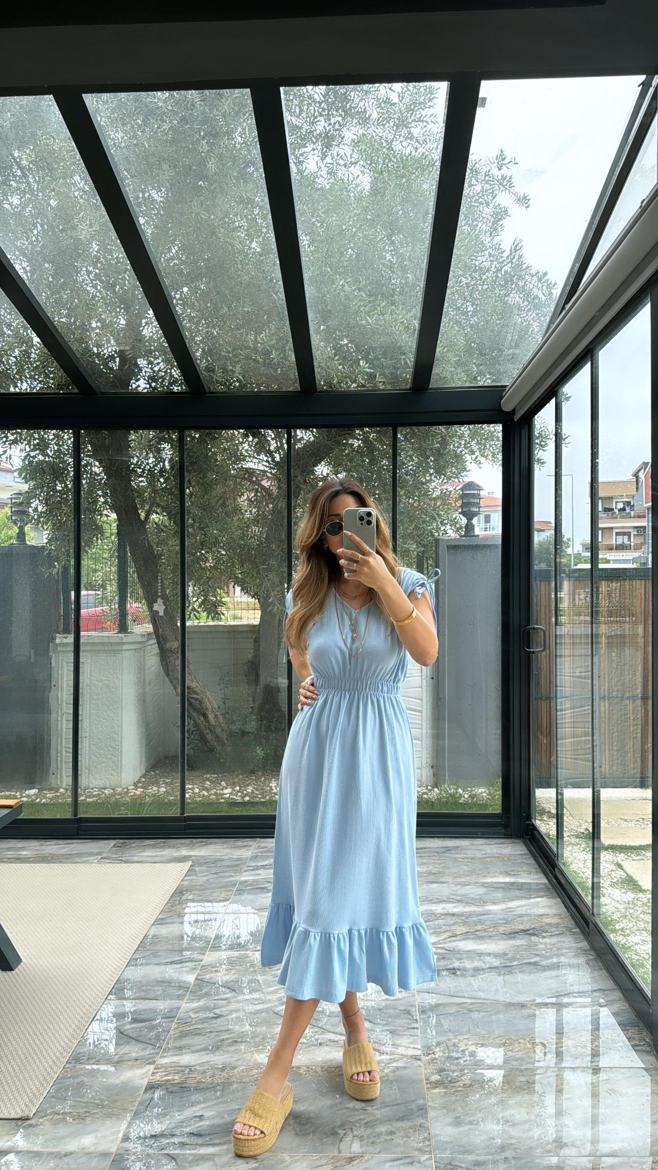 Bebe Mavi Omzu Büzgülü V Yaka Elbise