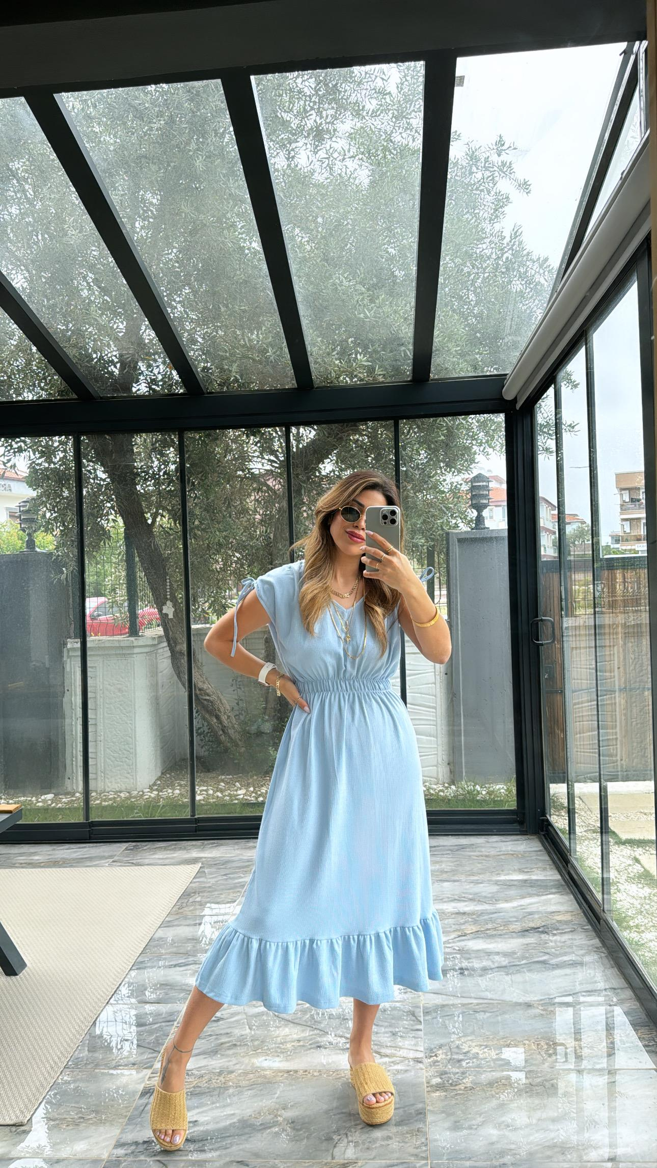 Bebe Mavi Omzu Büzgülü V Yaka Elbise