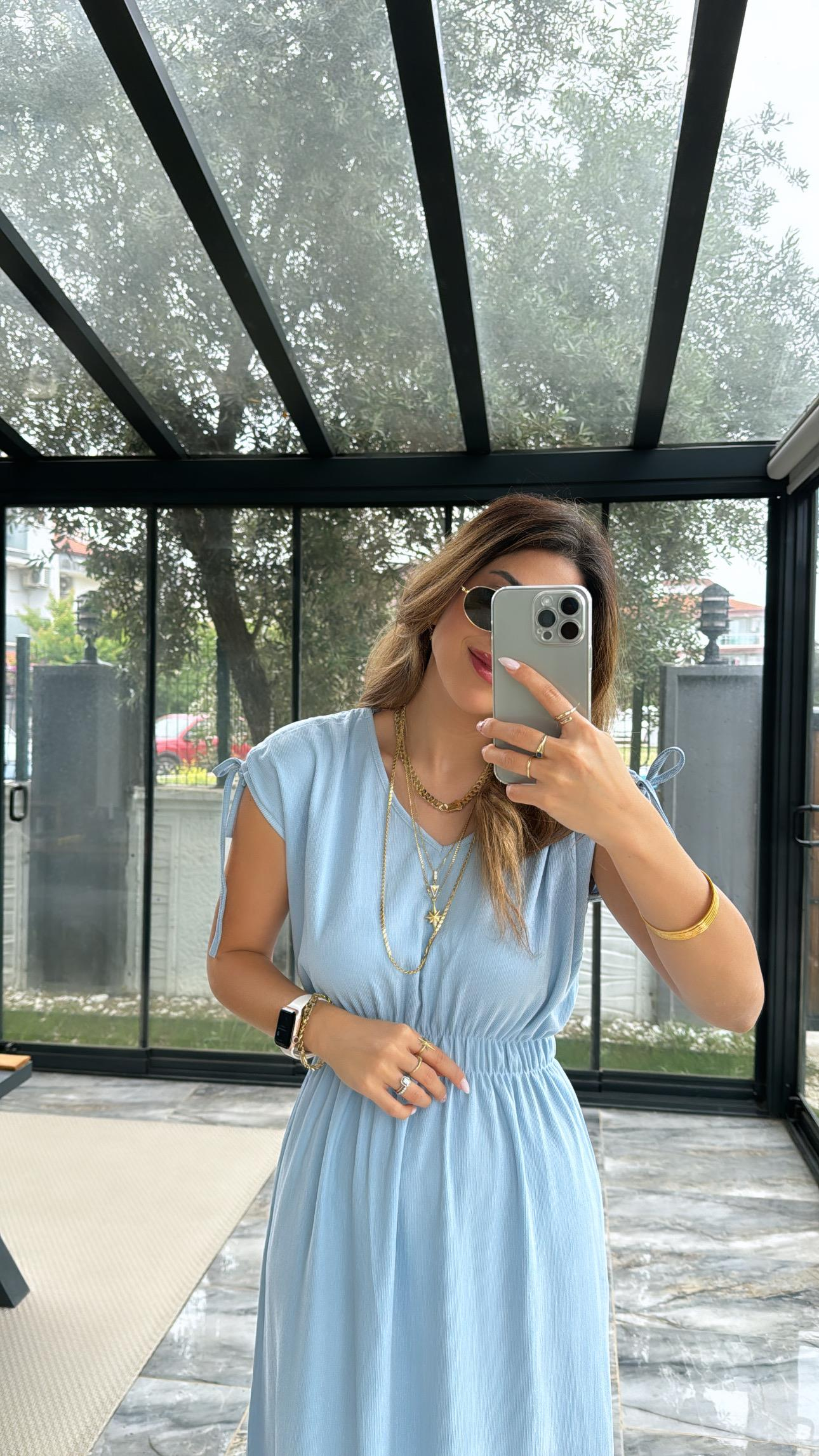 Bebe Mavi Omzu Büzgülü V Yaka Elbise