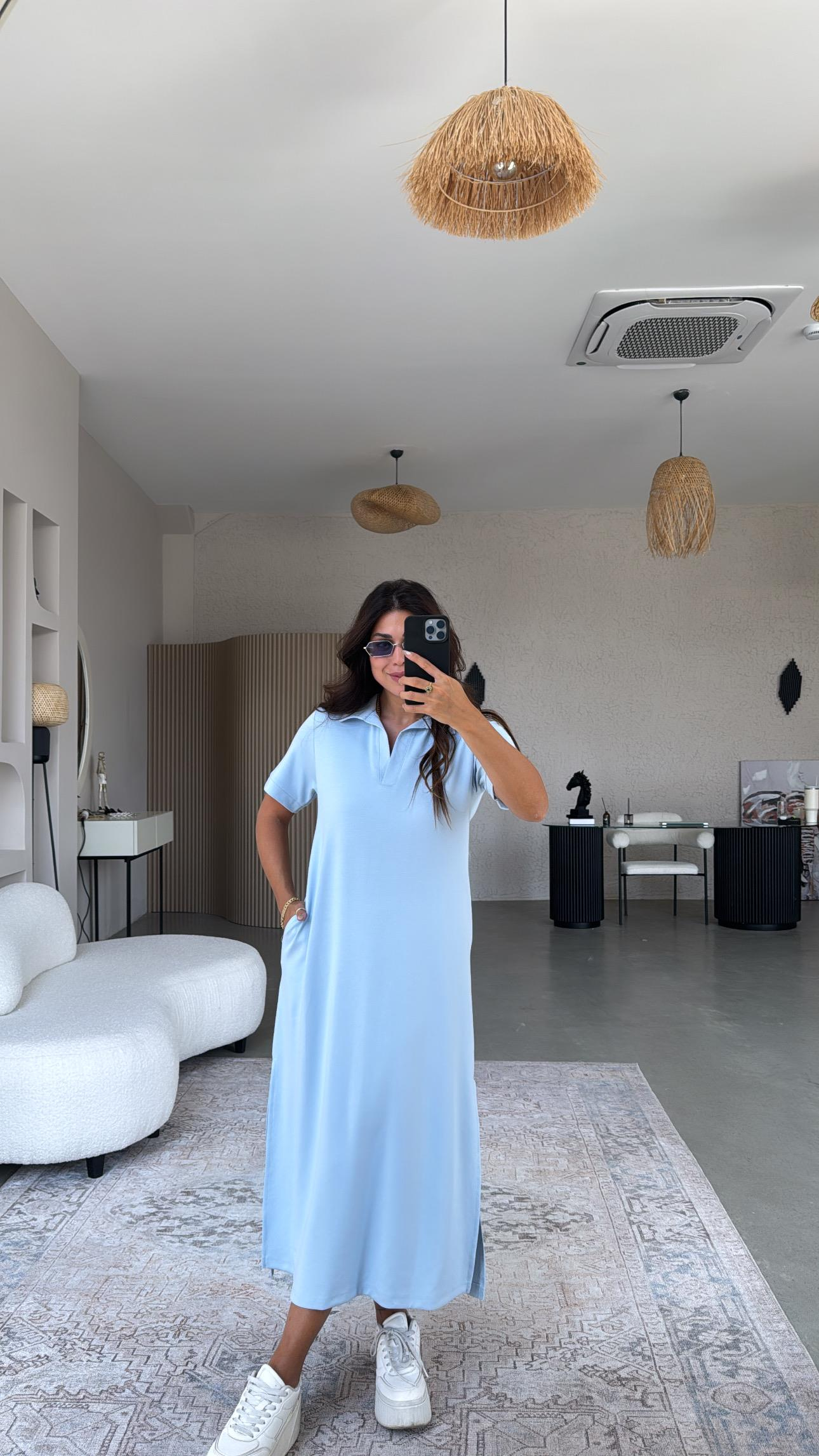 Bebe Mavi Yakalı Uzun Modal Elbise