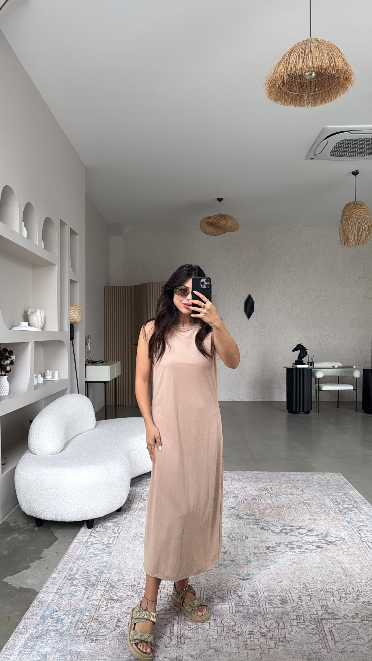 Bej Basic Midi Elbise