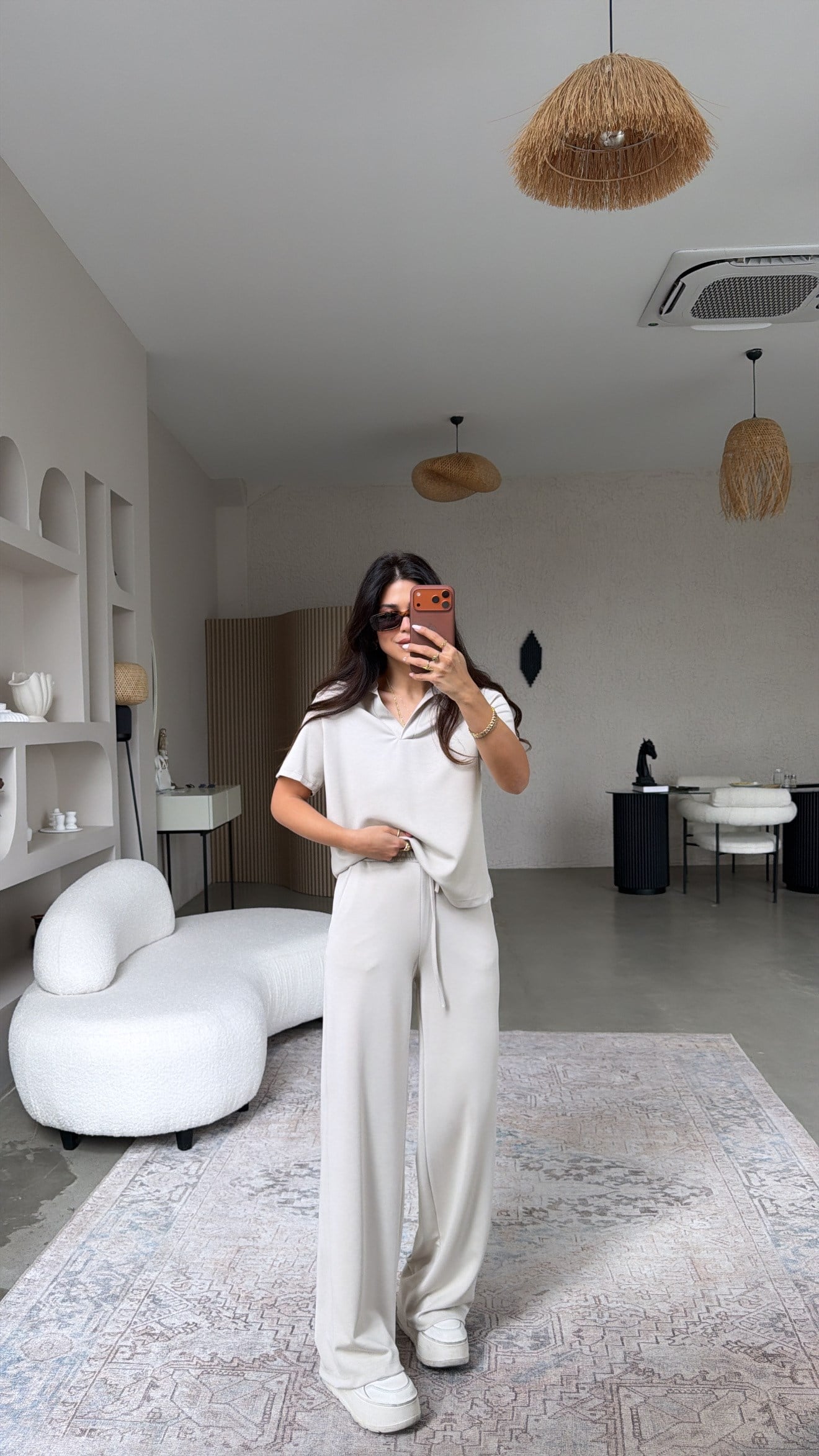 Bej Basic Modal Kumaş Yakalı Bol Paça Takım