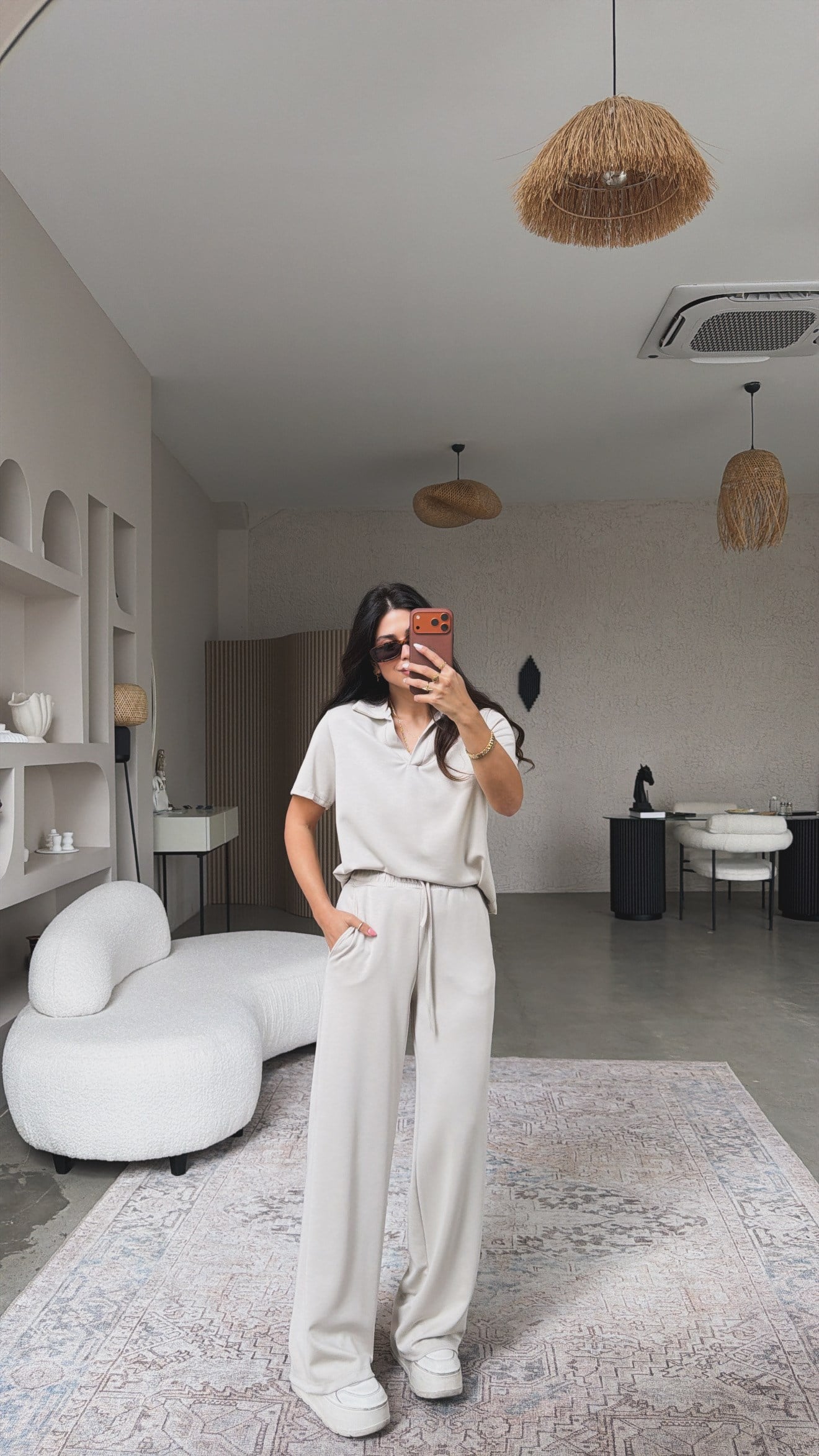 Bej Basic Modal Kumaş Yakalı Bol Paça Takım