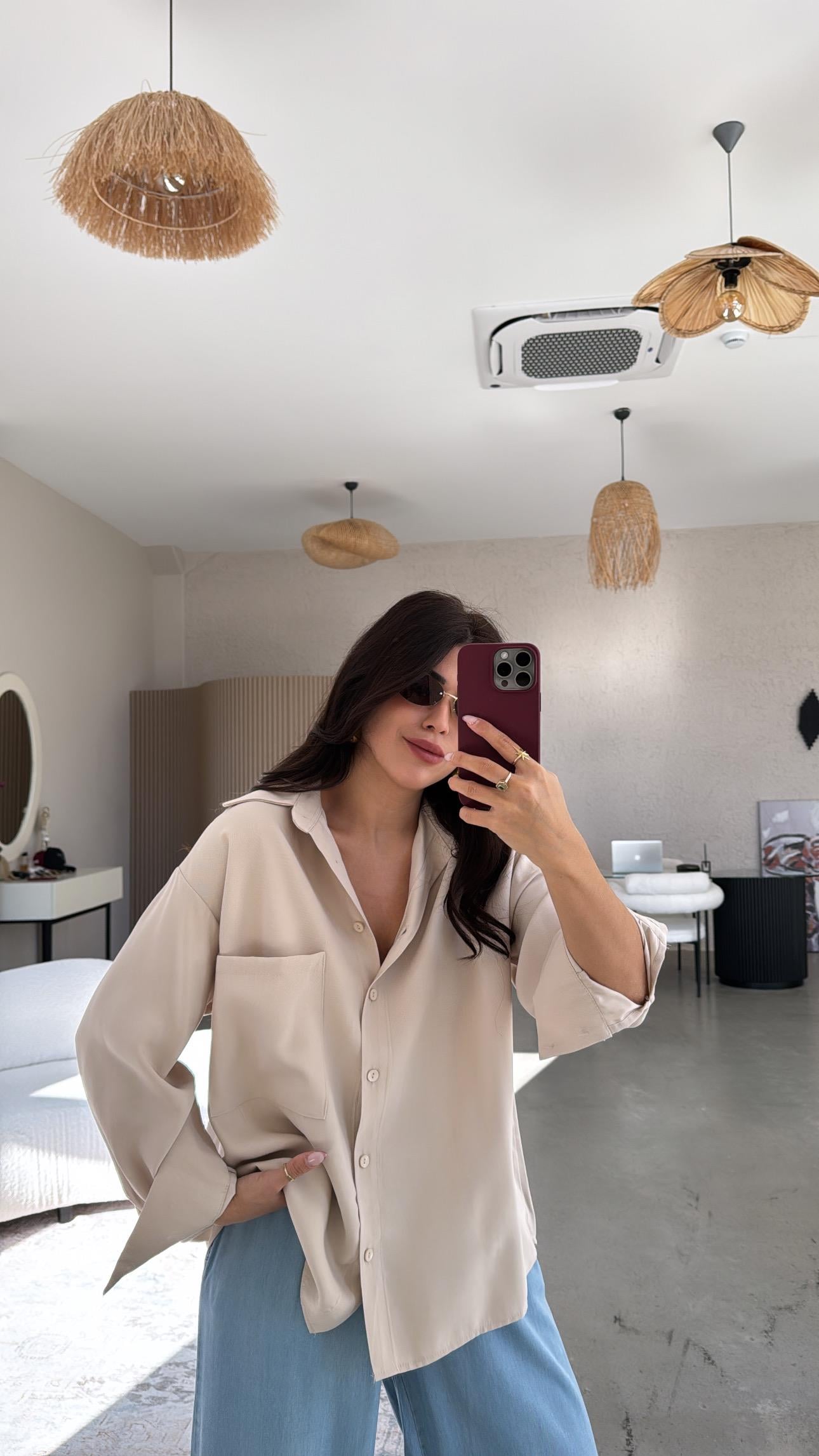 Bej Cepli Tensel Gömlek