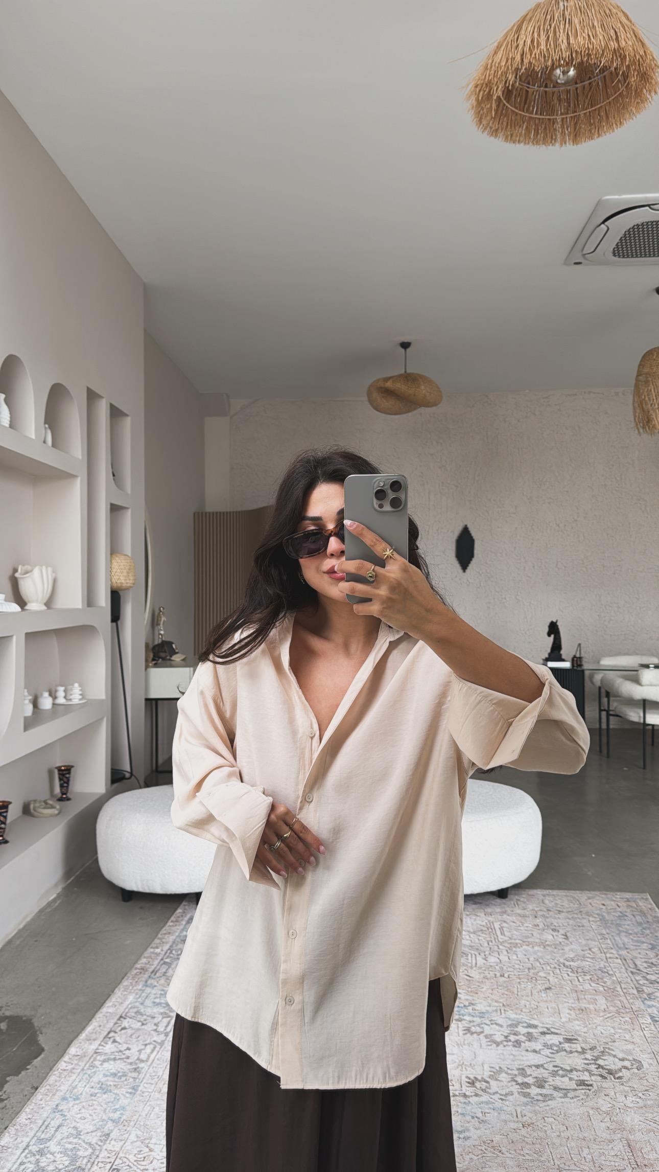 Bej Dokuma Modal Gömlek