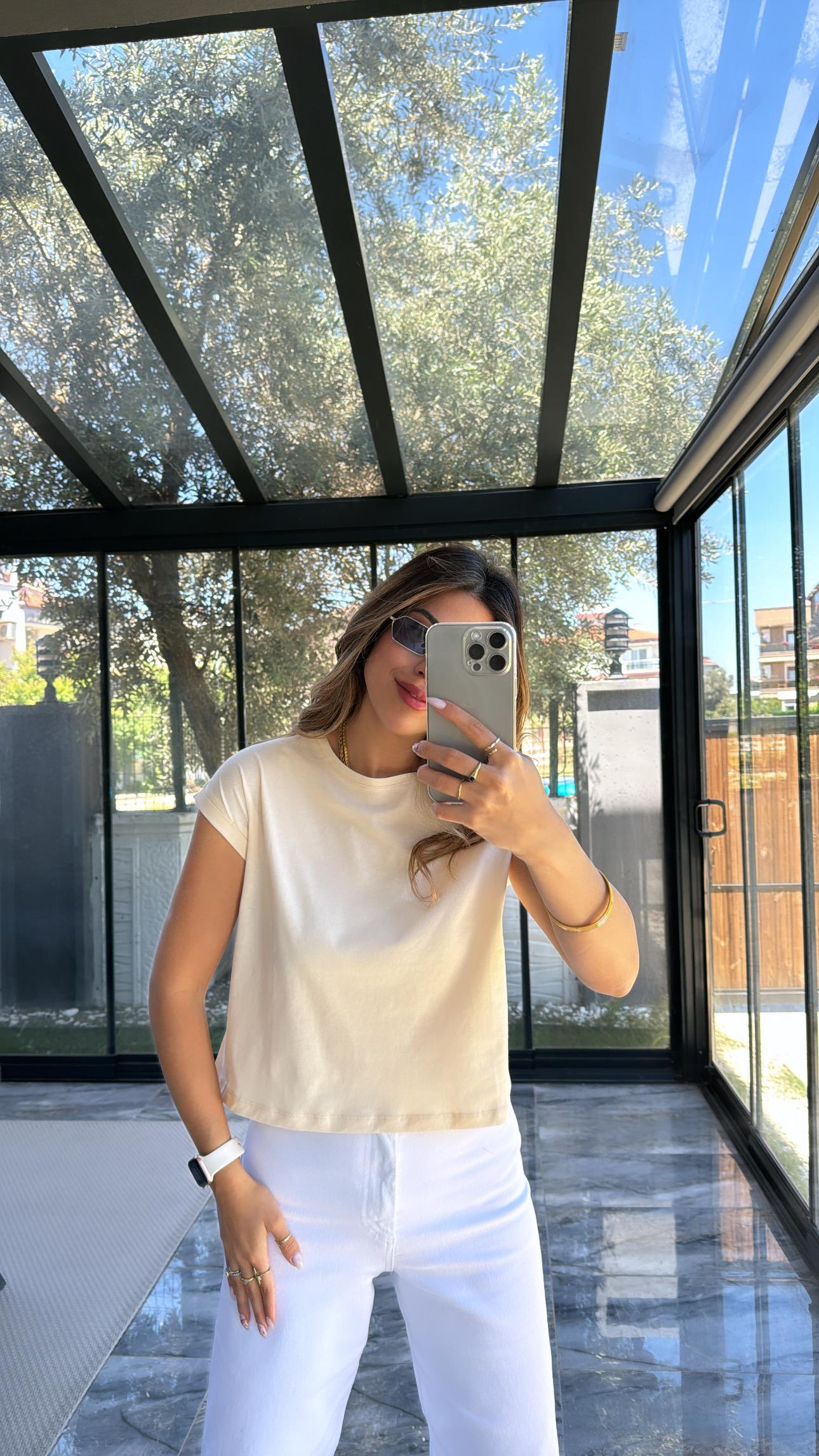 Bej Duble Kol Basic Tshirt