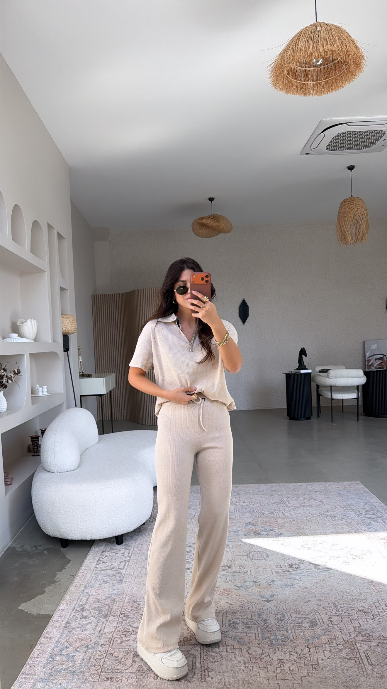 Bej Fitilli Fermuarlı Kısa Kol Basic Takım