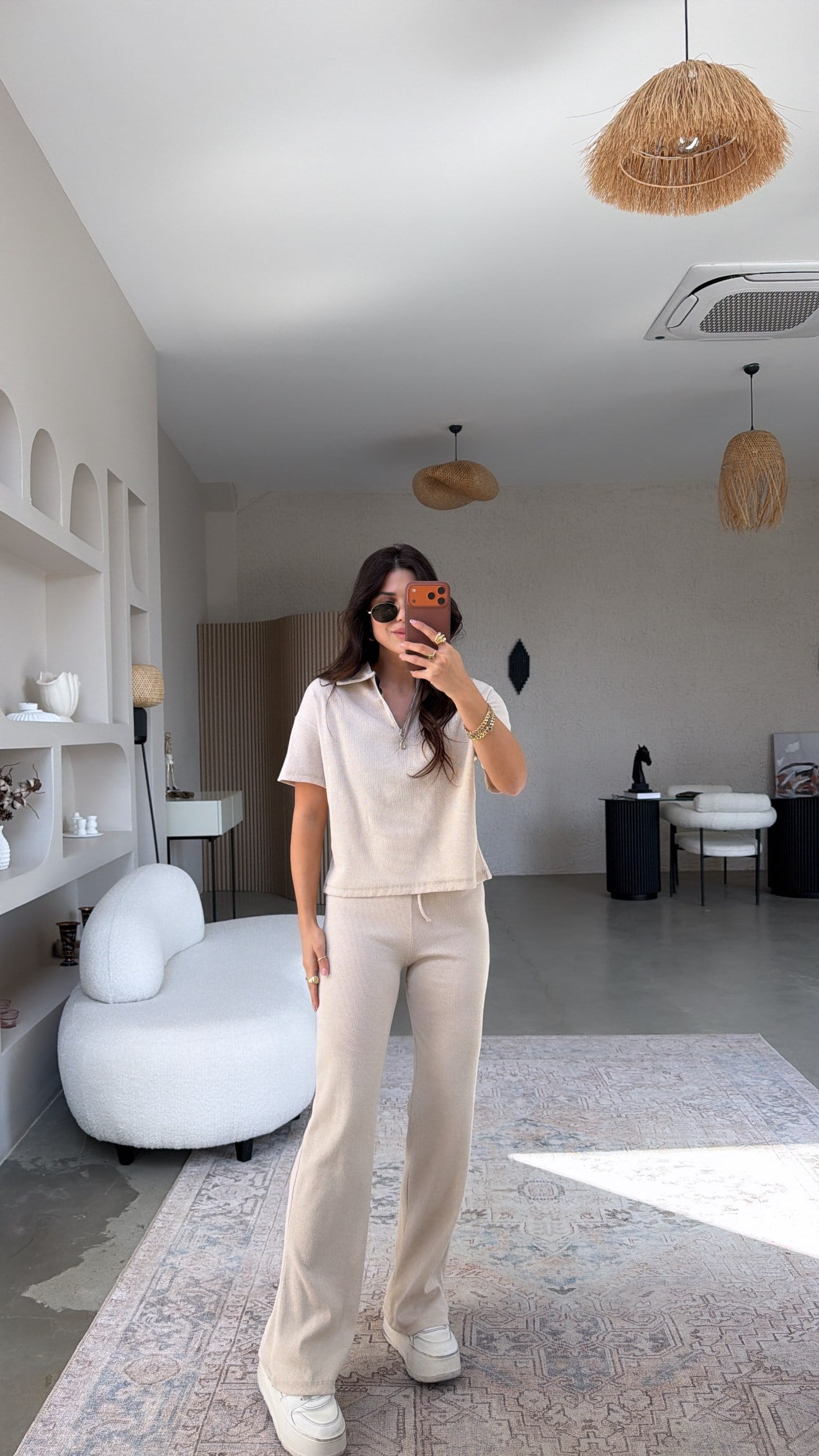 Bej Fitilli Fermuarlı Kısa Kol Basic Takım