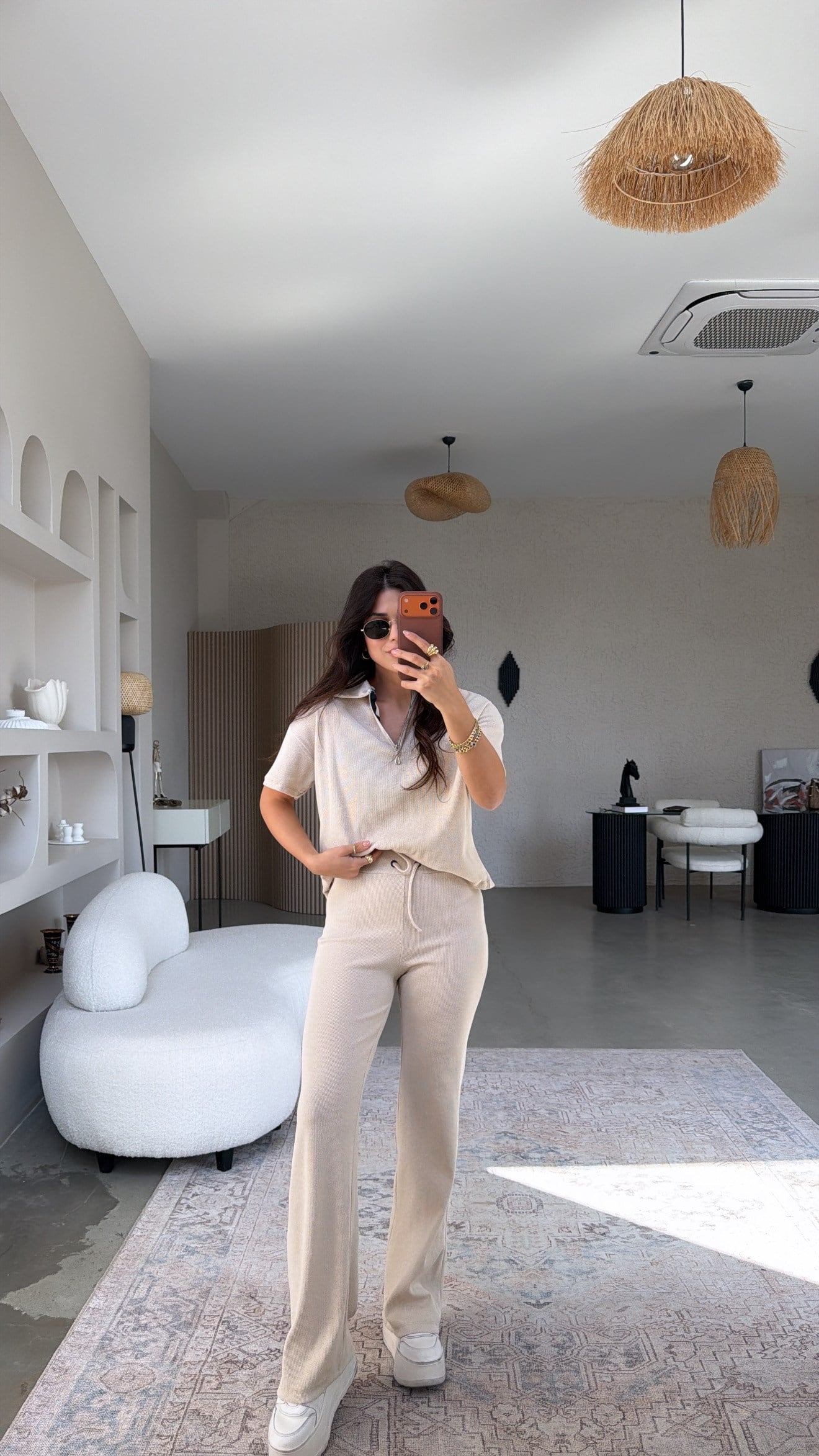 Bej Fitilli Fermuarlı Kısa Kol Basic Takım