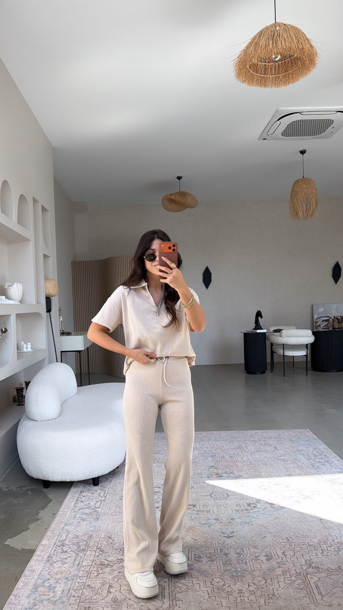 Bej Fitilli Fermuarlı Kısa Kol Basic Takım