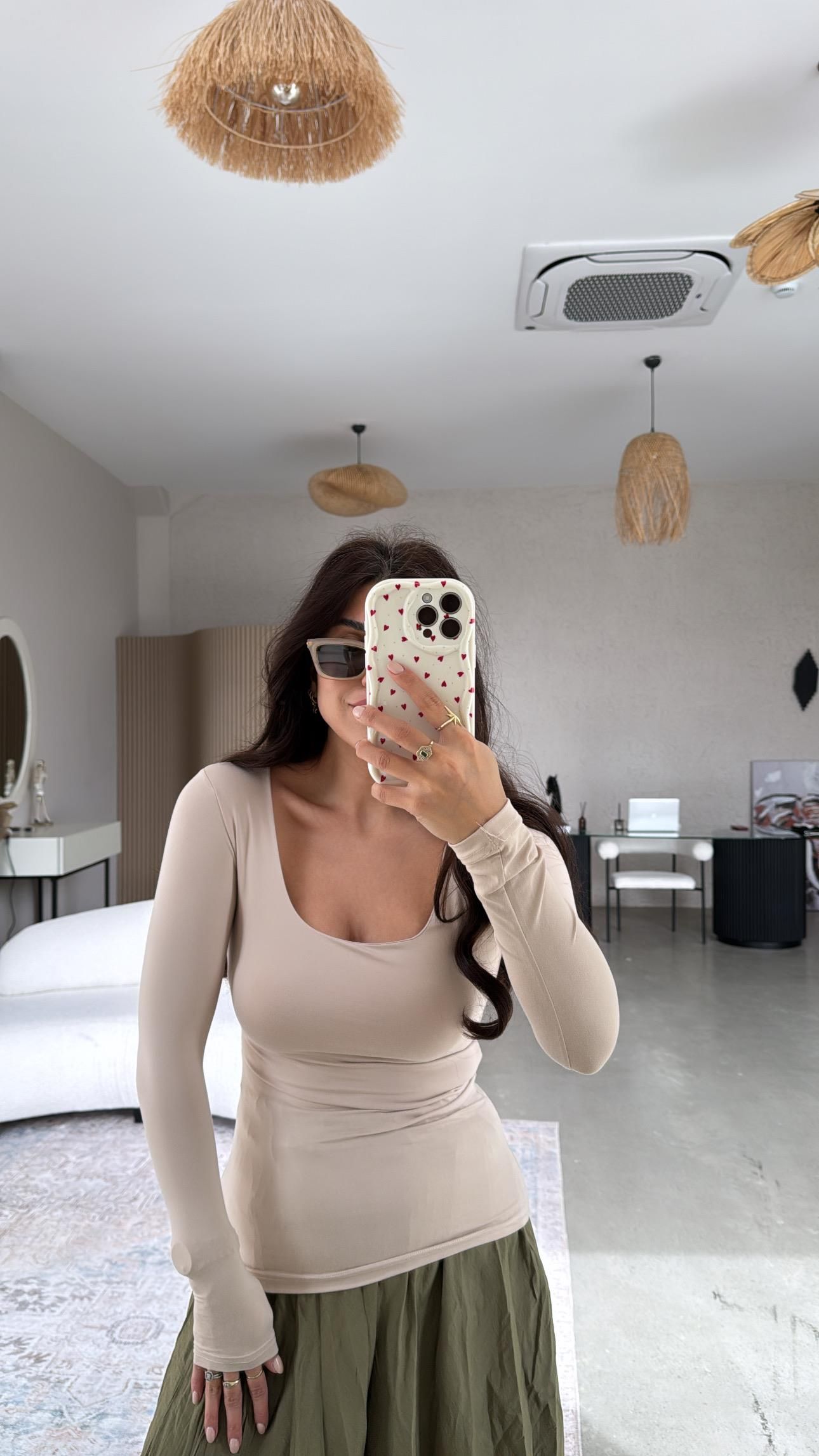 Bej Kare Yaka Scuba Basic Bluz