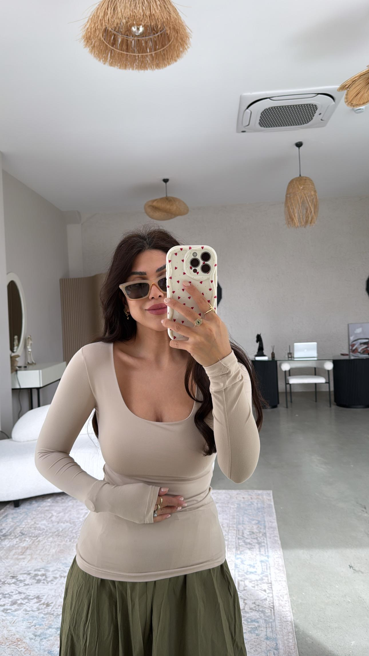 Bej Kare Yaka Scuba Basic Bluz