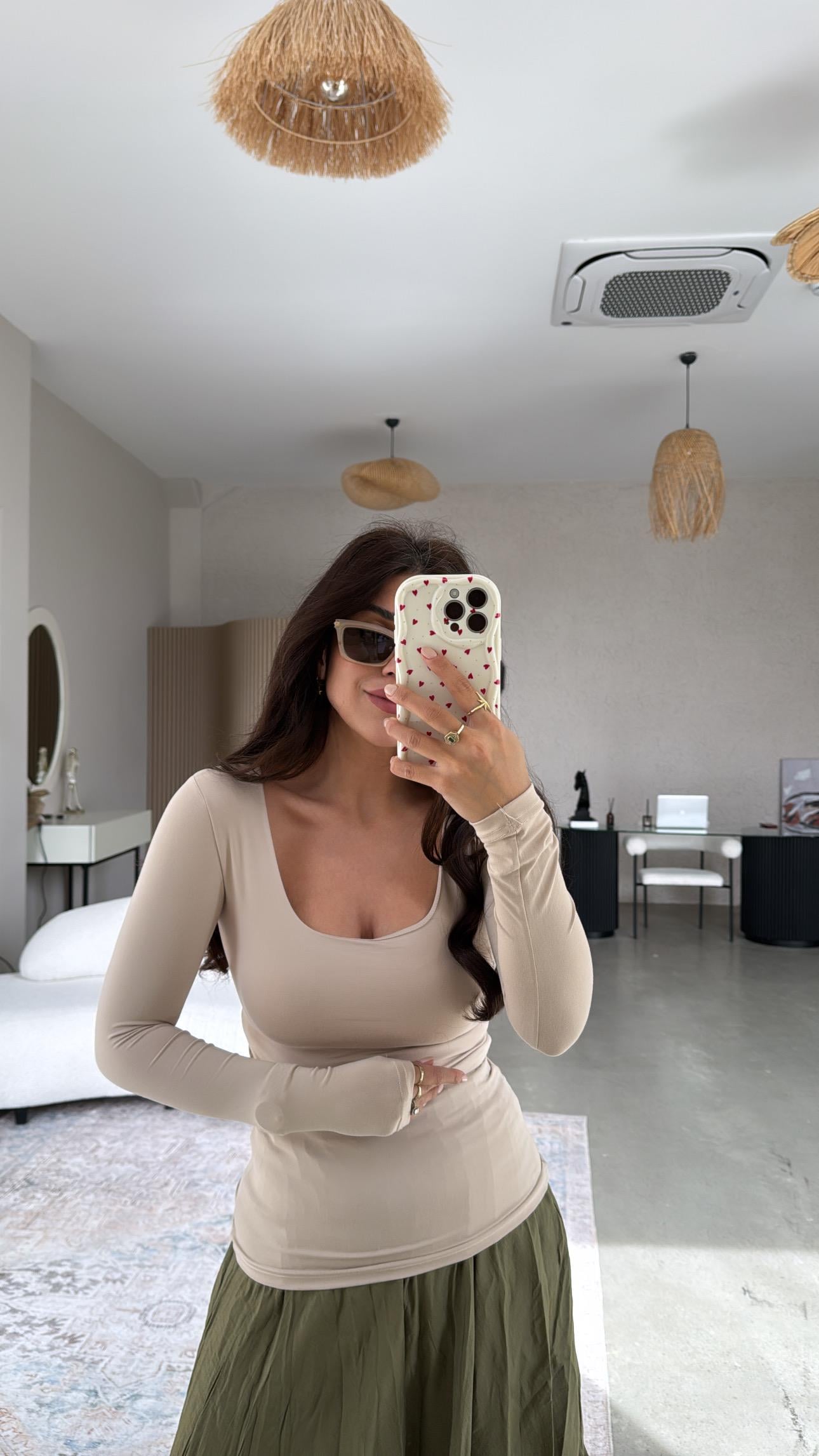 Bej Kare Yaka Scuba Basic Bluz