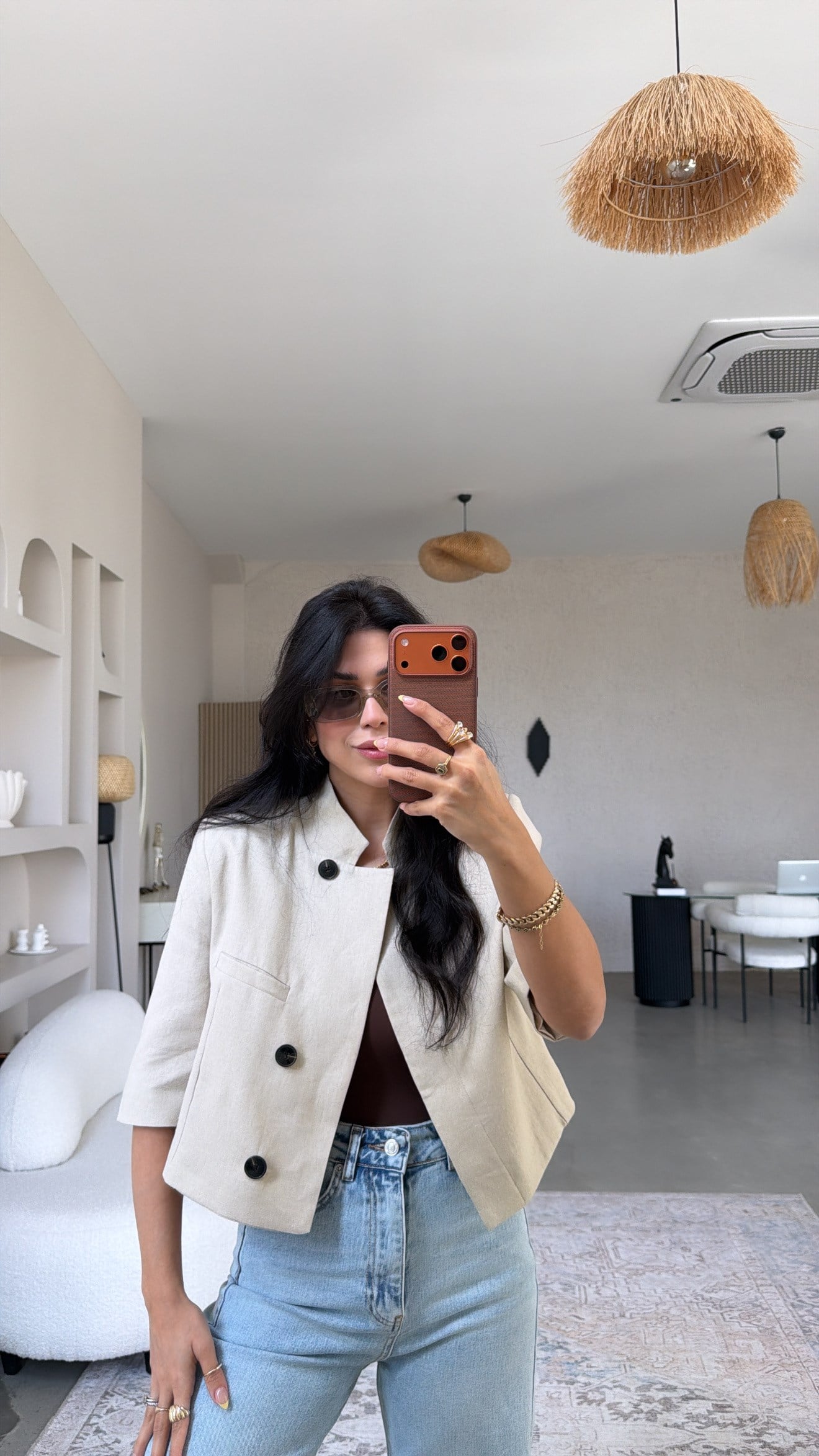 Bej Keten Truvakar Kol Astarlı Crop Ceket