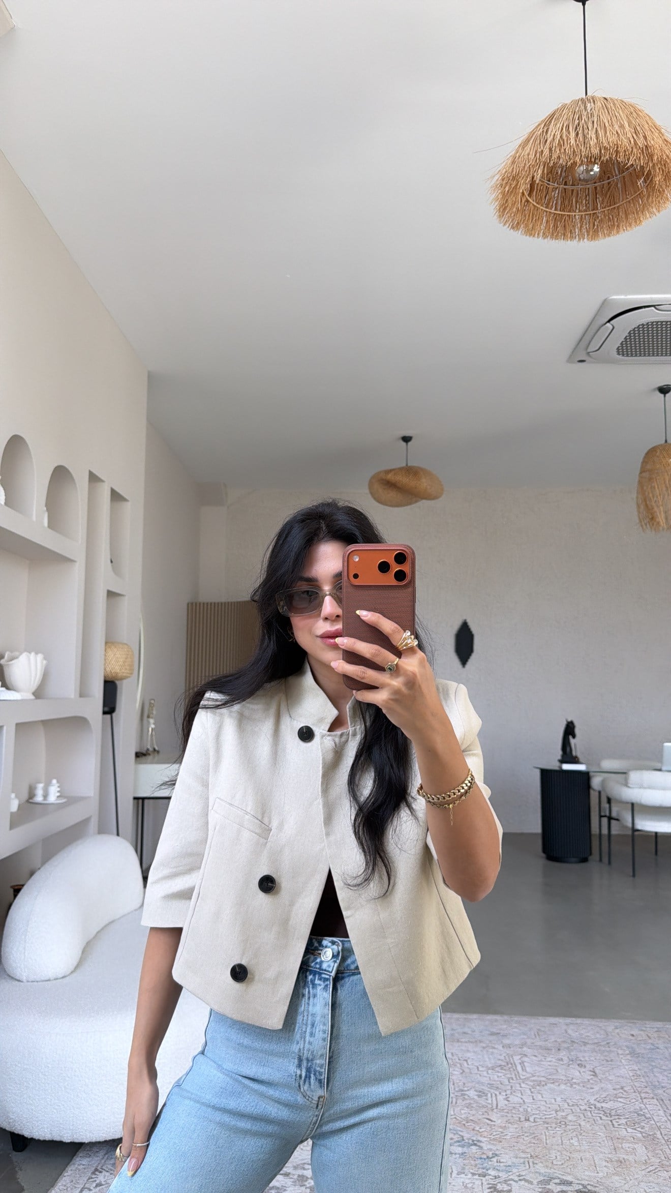 Bej Keten Truvakar Kol Astarlı Crop Ceket