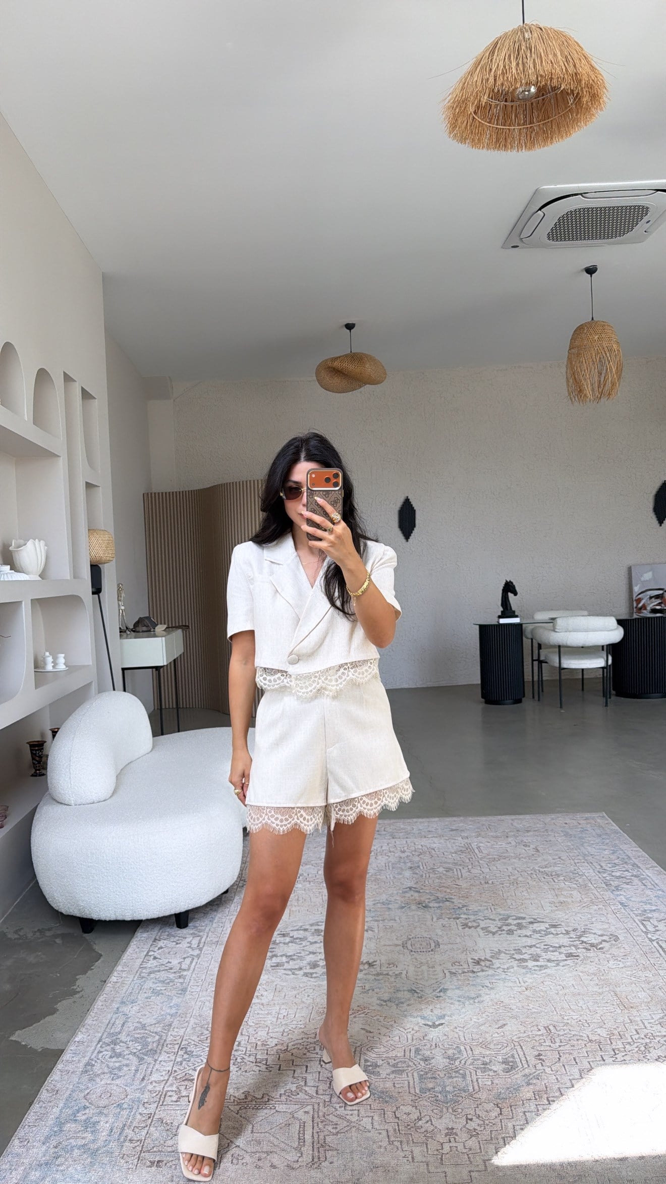 Bej Keten ZR Model Dantelli Şort Ceket Takım