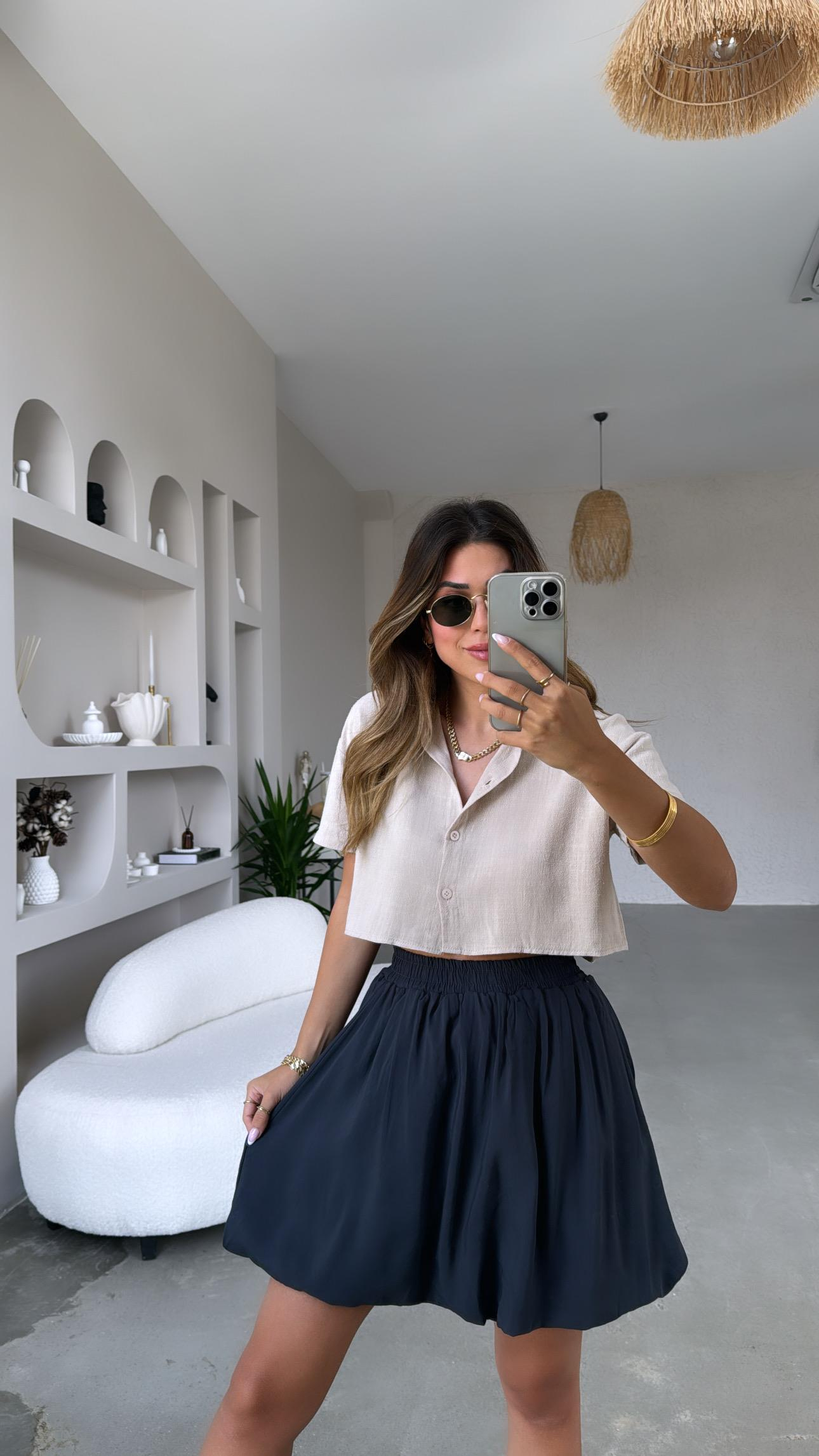 Bej Massimo Crop Keten Gömlek