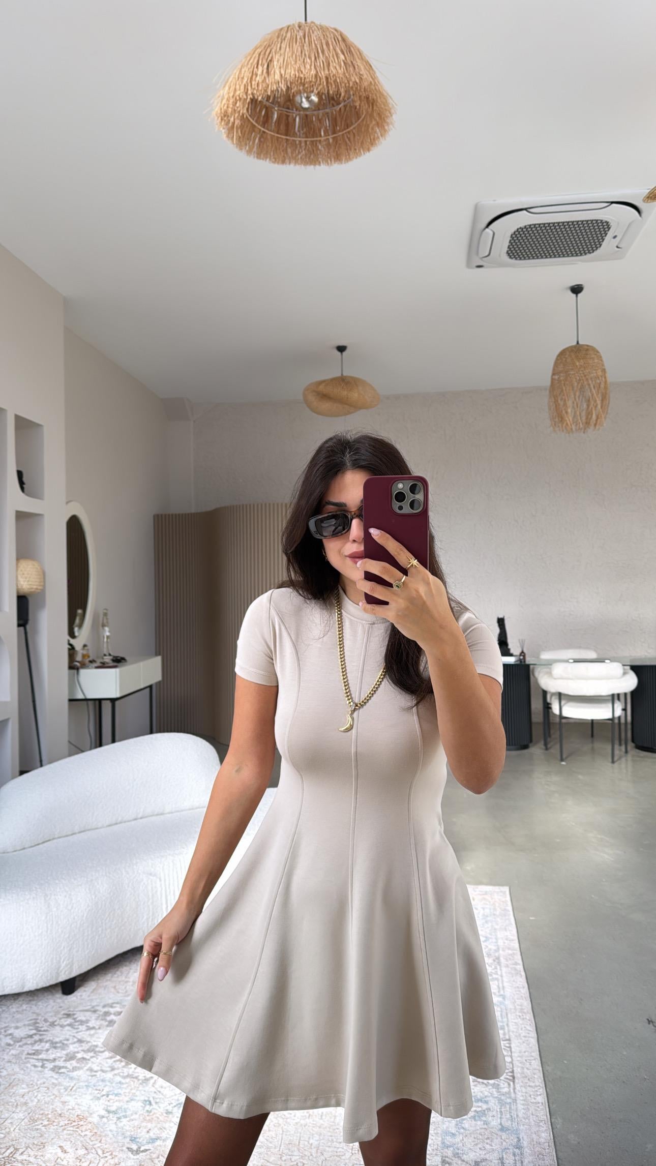 Bej Modal Kısa Kollu Çımalı Elbise