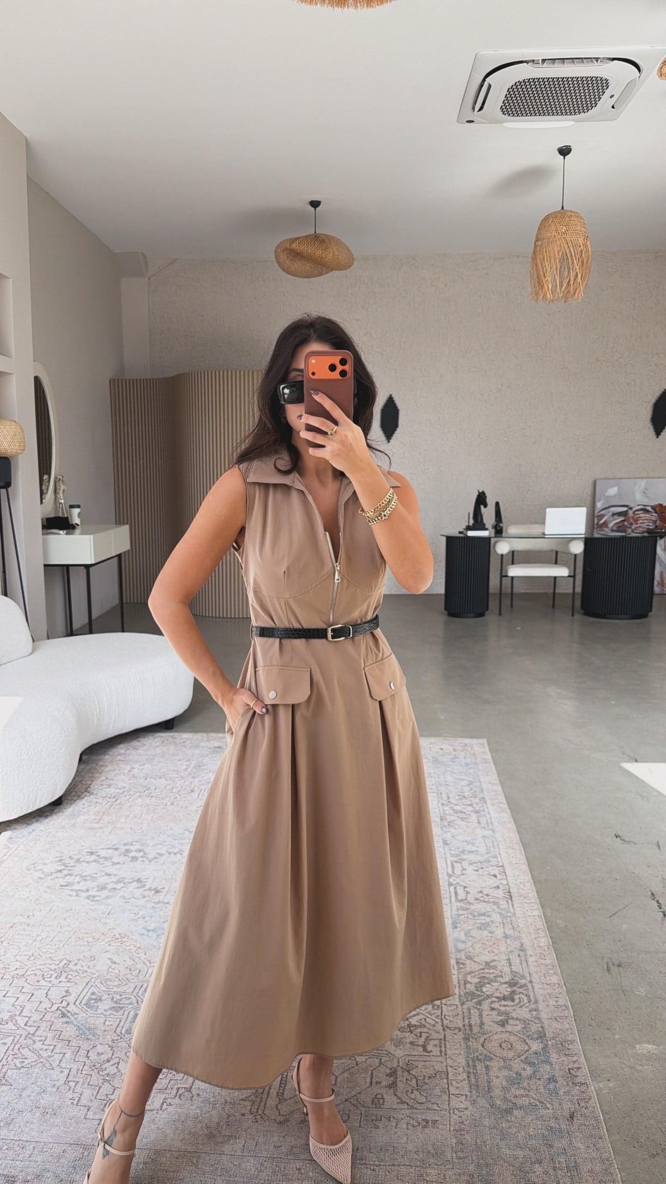 Bej Ntw Model Paraşüt Kumaş Kemerli Premium Elbise