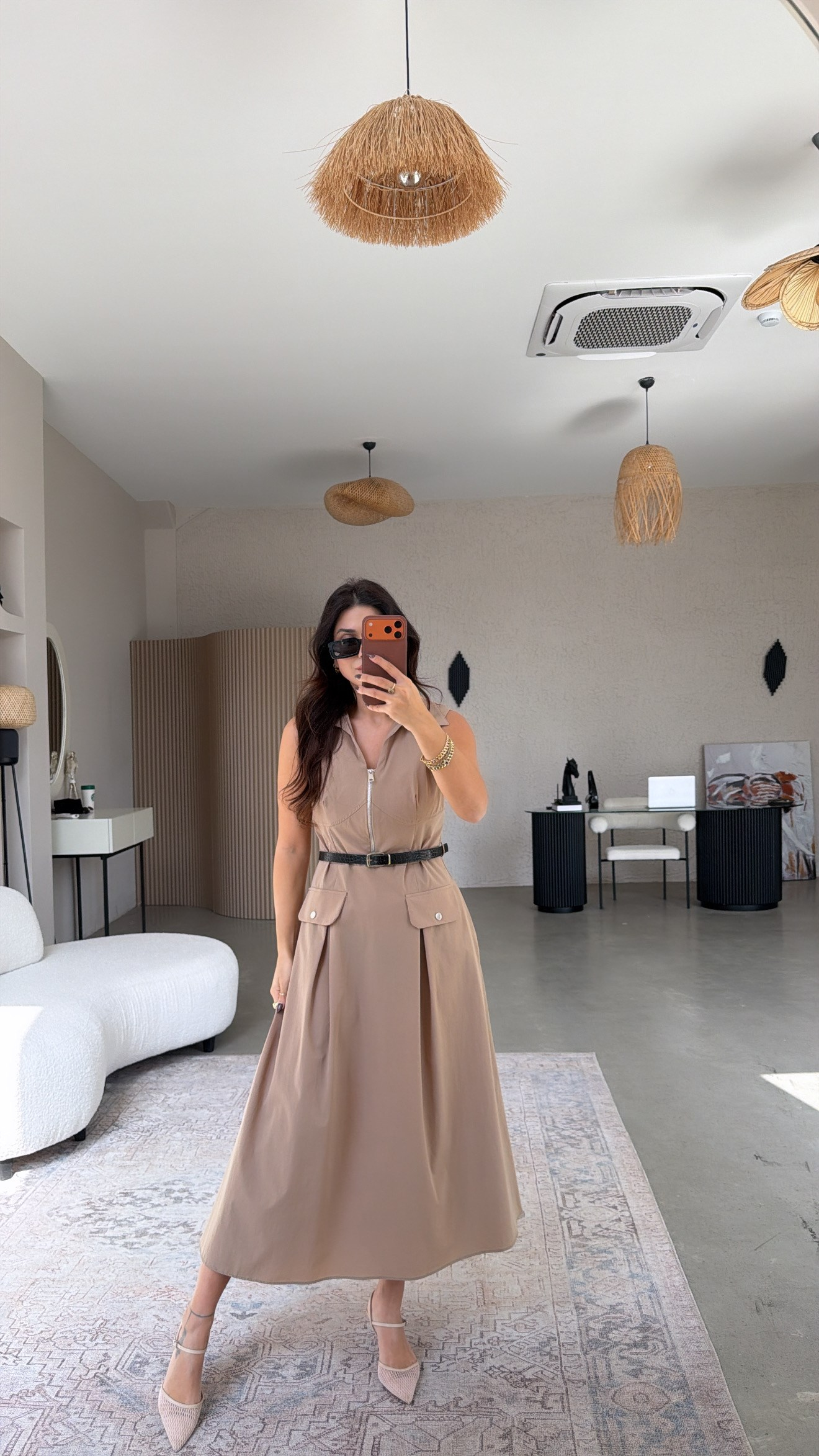 Bej Ntw Model Paraşüt Kumaş Kemerli Premium Elbise
