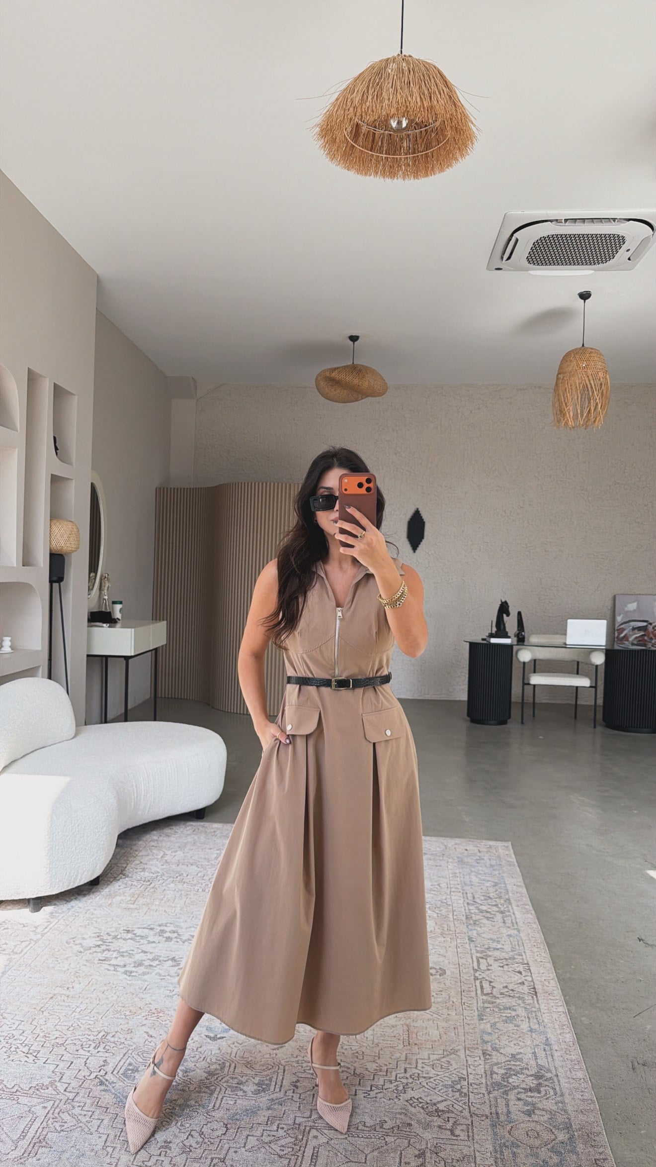 Bej Ntw Model Paraşüt Kumaş Kemerli Premium Elbise