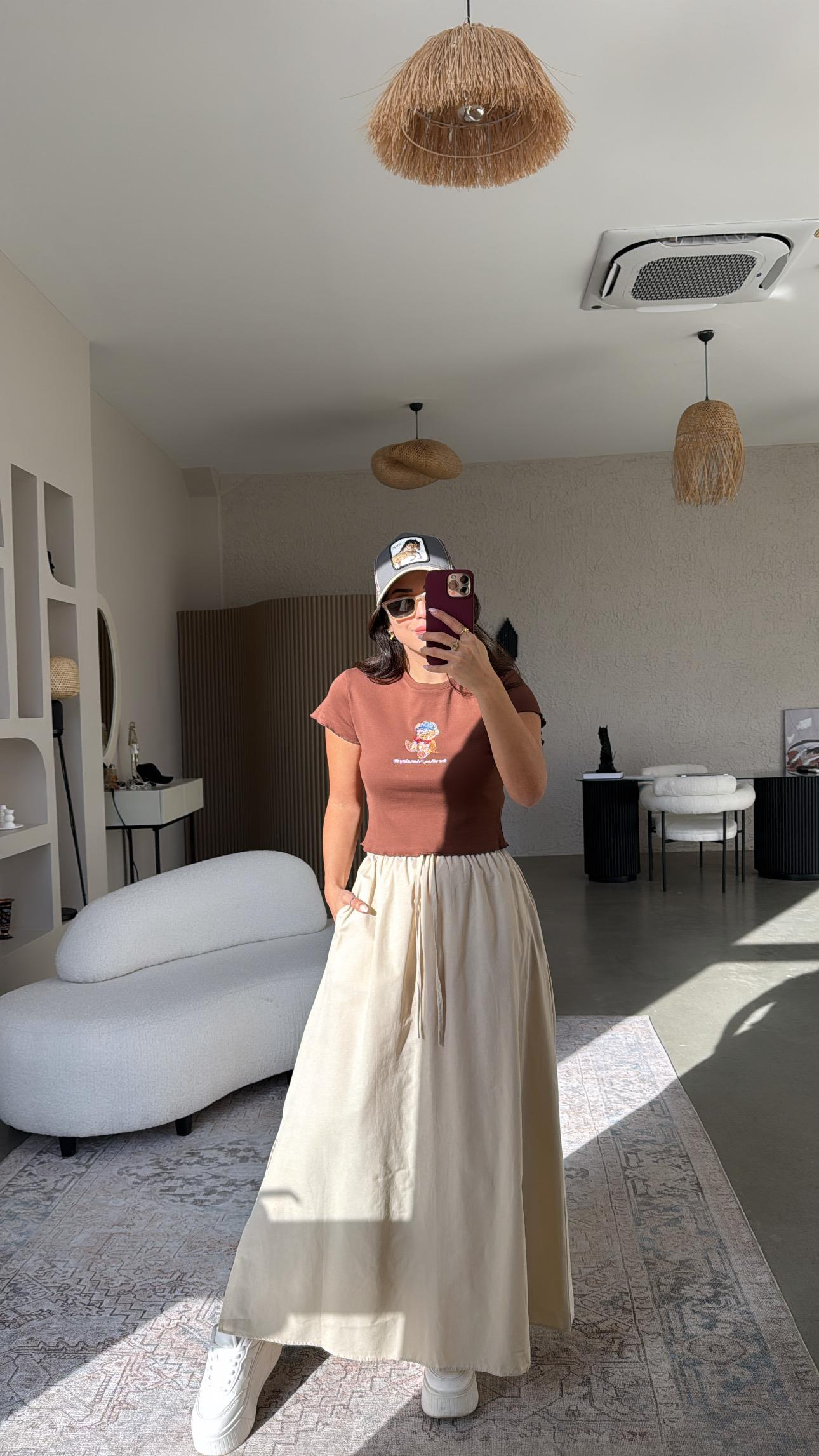 Bej Poplin Maxi Etek
