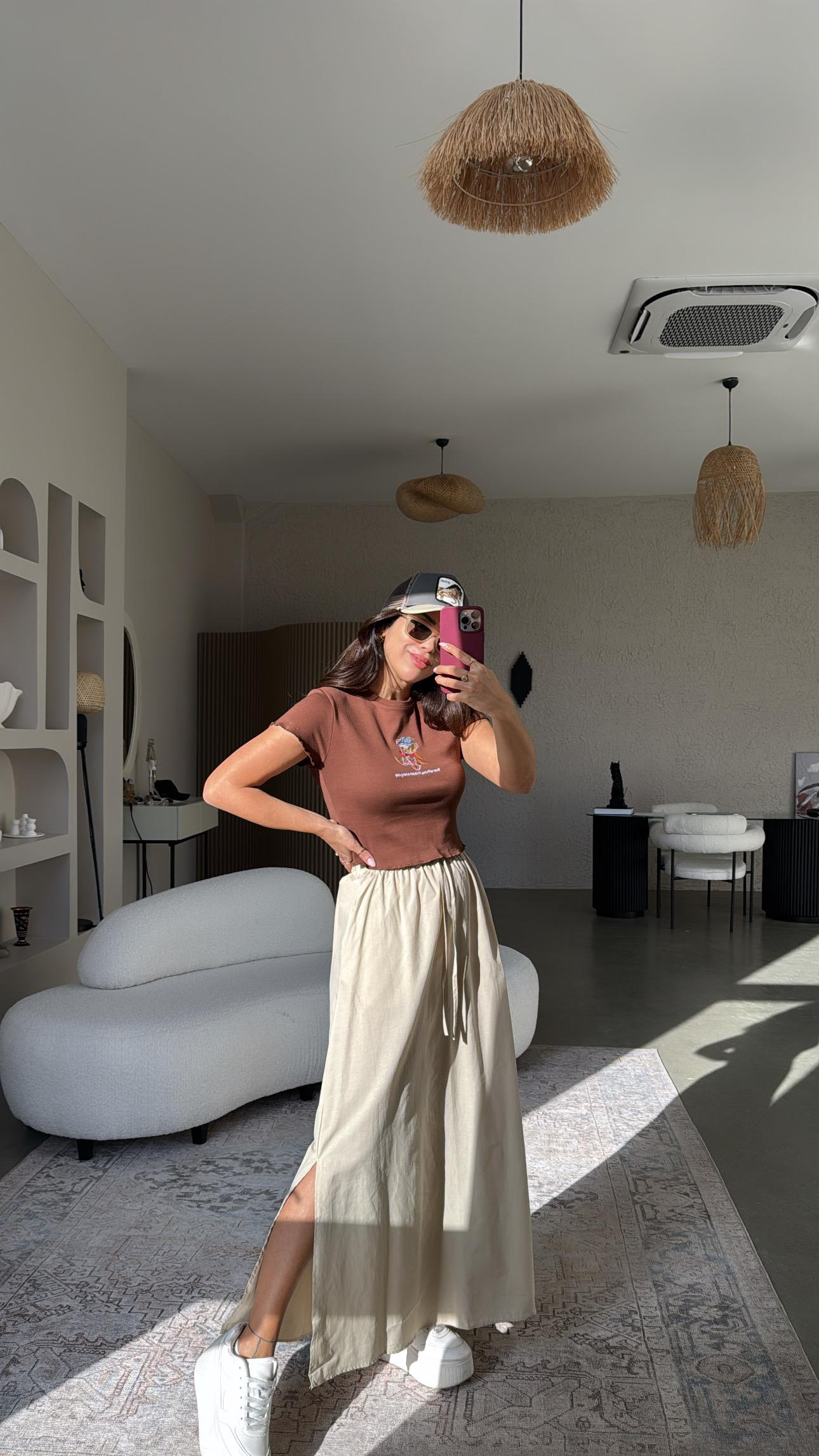 Bej Poplin Maxi Etek