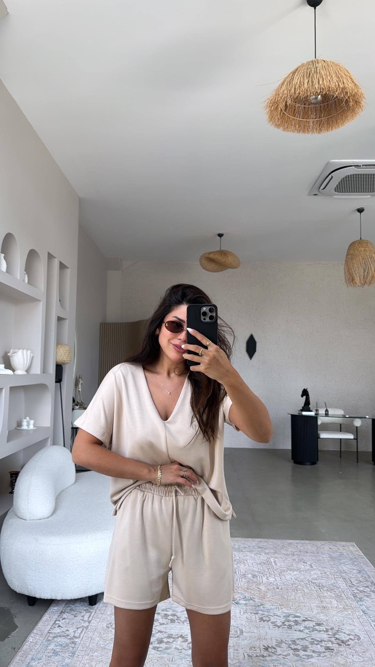 Bej Şort Bluz Modal Takım